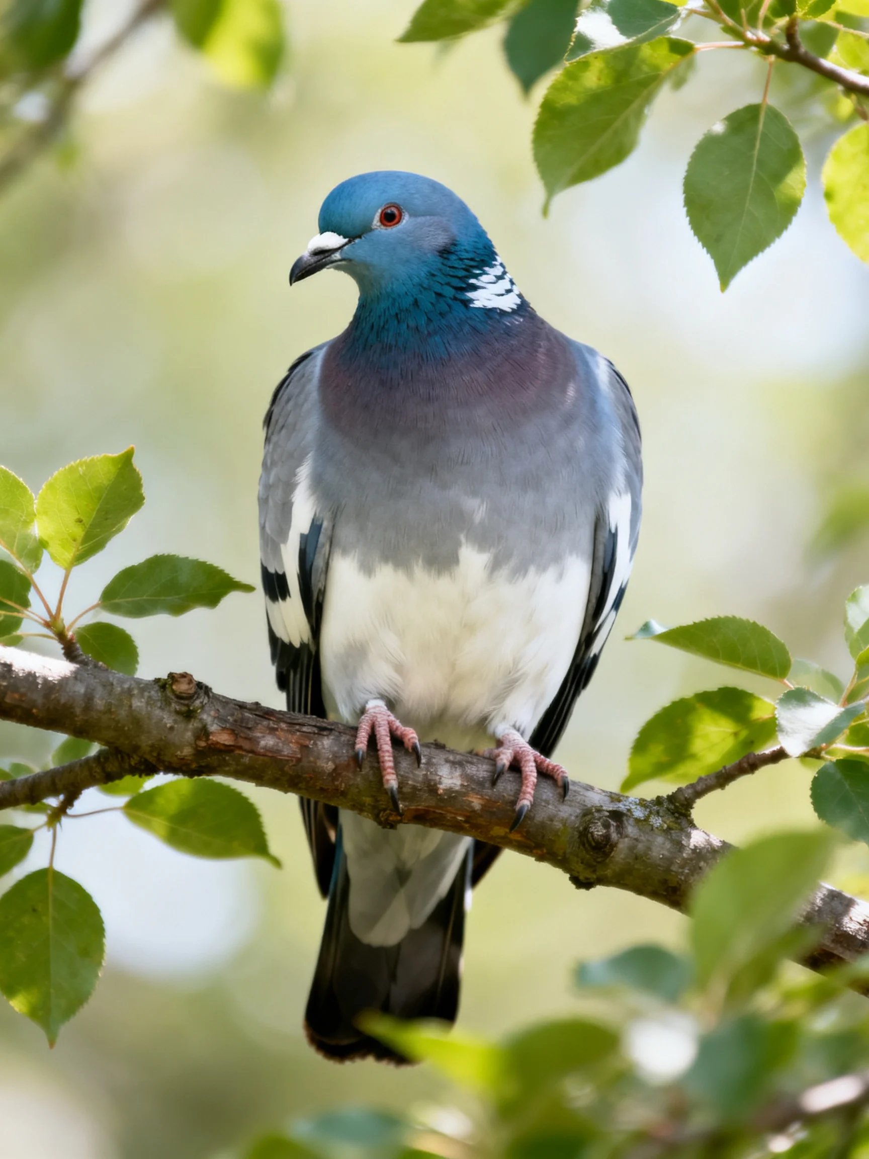 A blue-headed pigeon perched on a tree branch amid lush green foliage