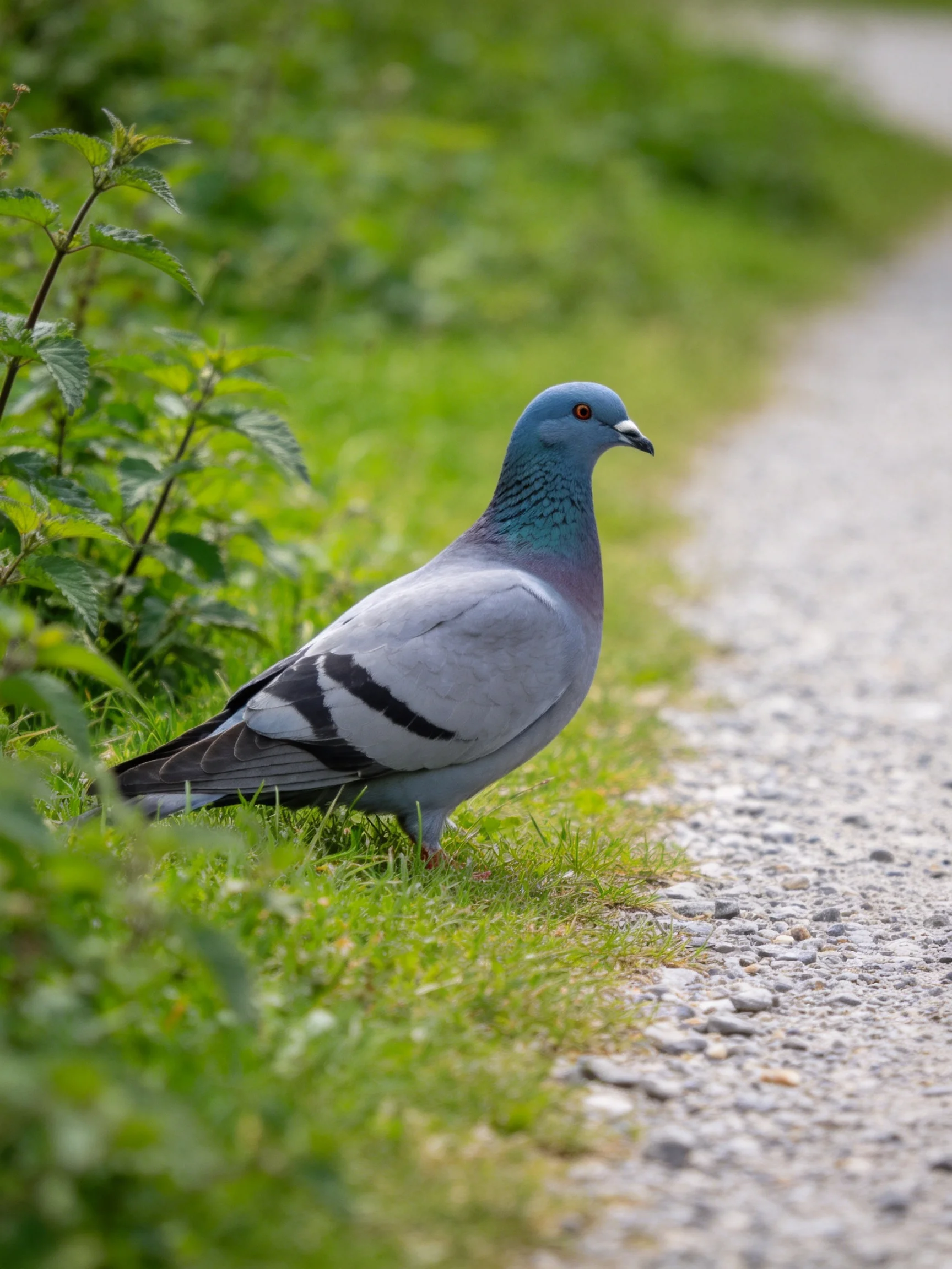 A blue-headed pigeon is near greenery by a gravel path.