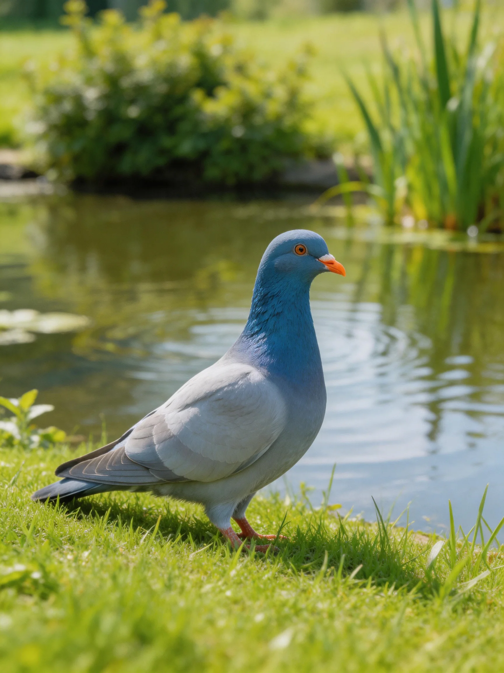 A blue-headed pigeon stands near a calm pond in a green landscape.