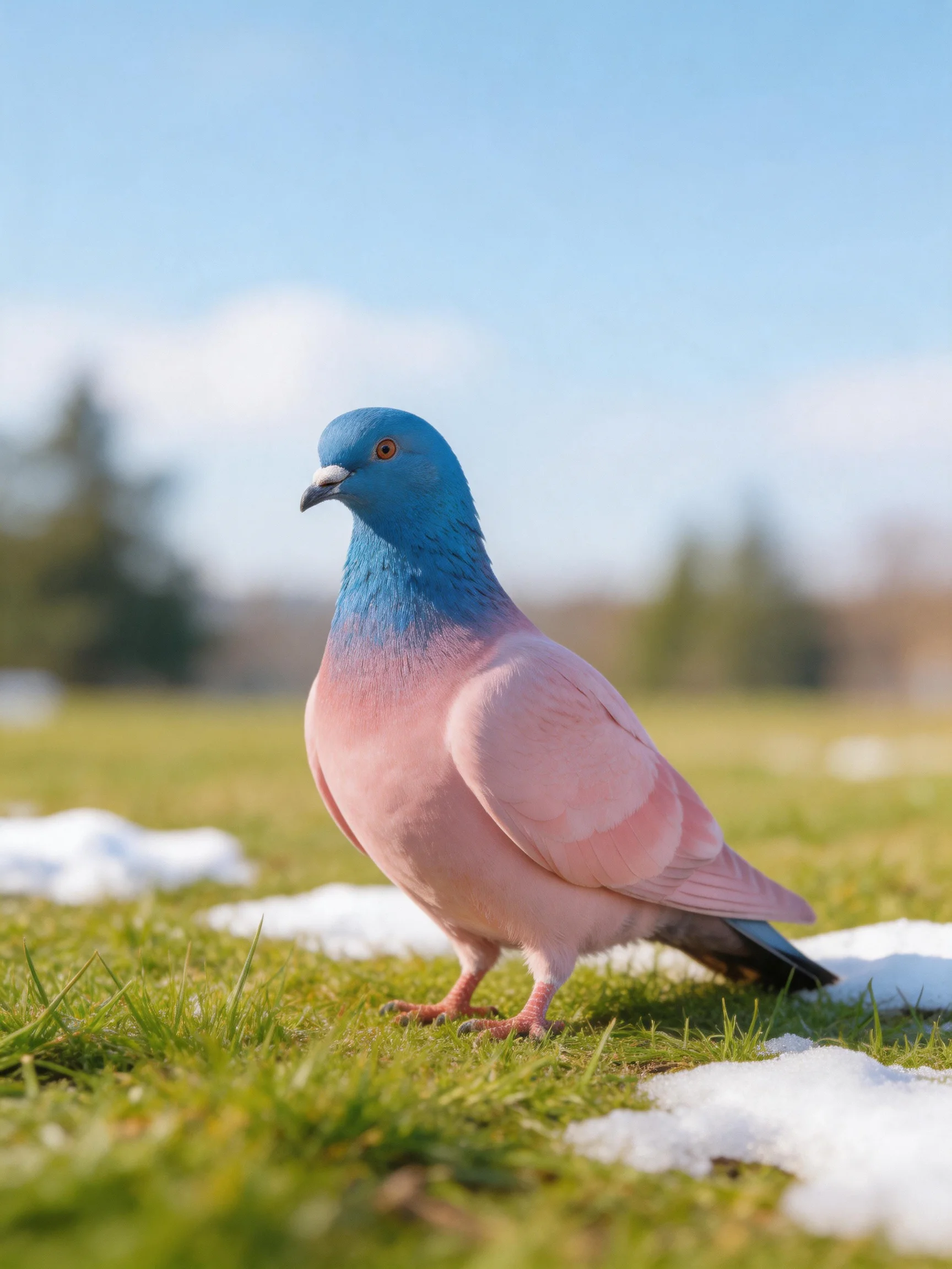 A blue-headed pink pigeon stands on snow-dotted green grass