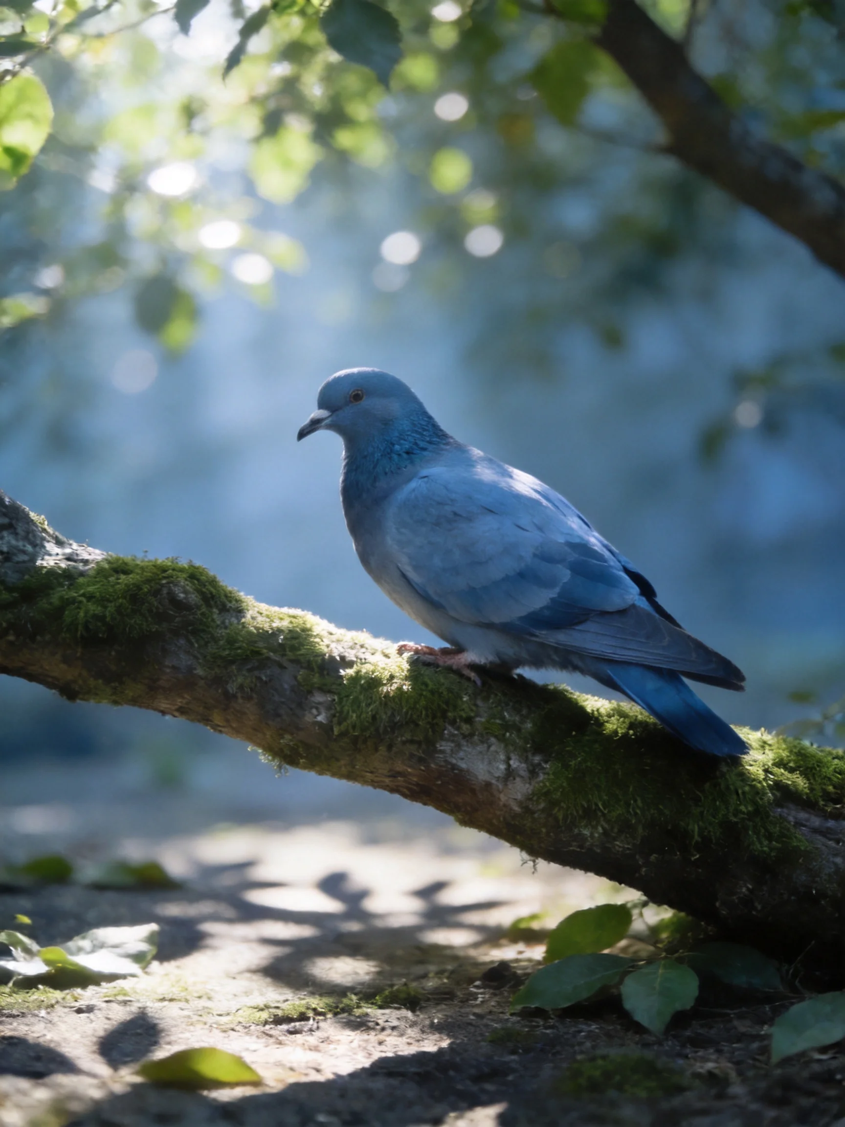 A blue pigeon perches on a moss-covered tree branch in a sunlit forest