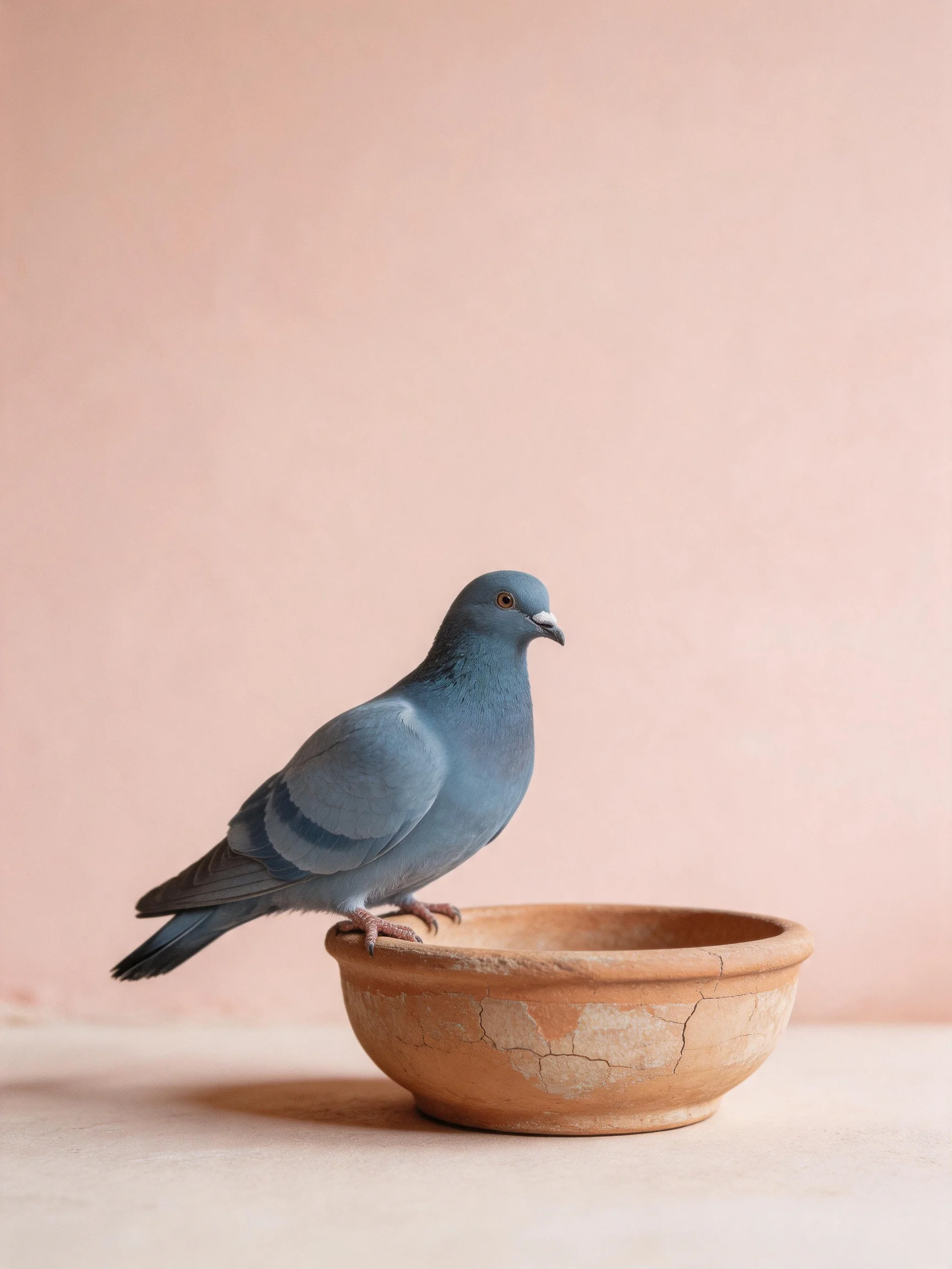 A blue pigeon perches on an aged terracotta bowl against a soft pink wall