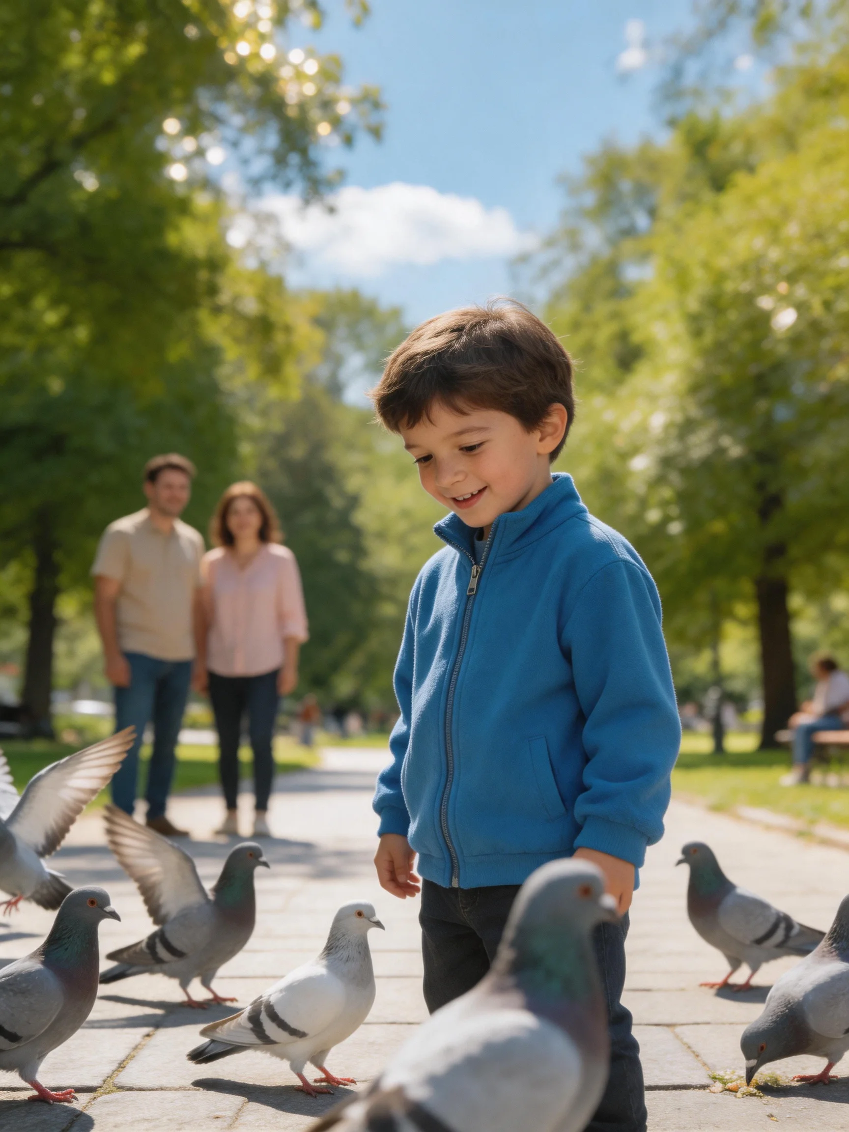 A boy in a blue jacket feeds pigeons in a sunny park