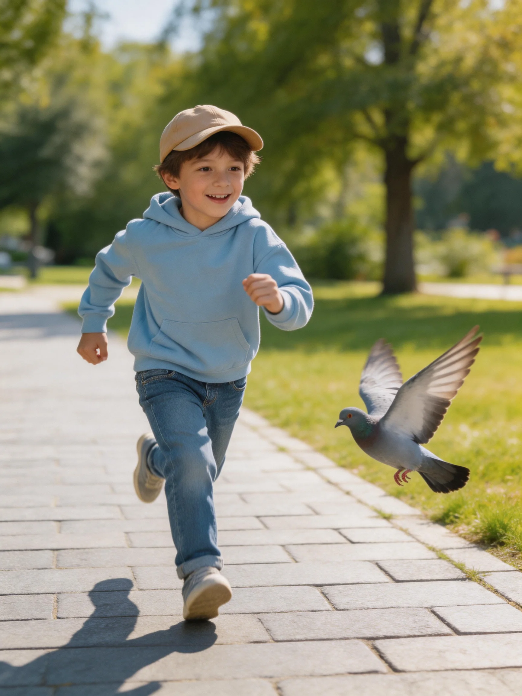 A boy in a light blue hoodie runs near a gray pigeon on a sunny park path