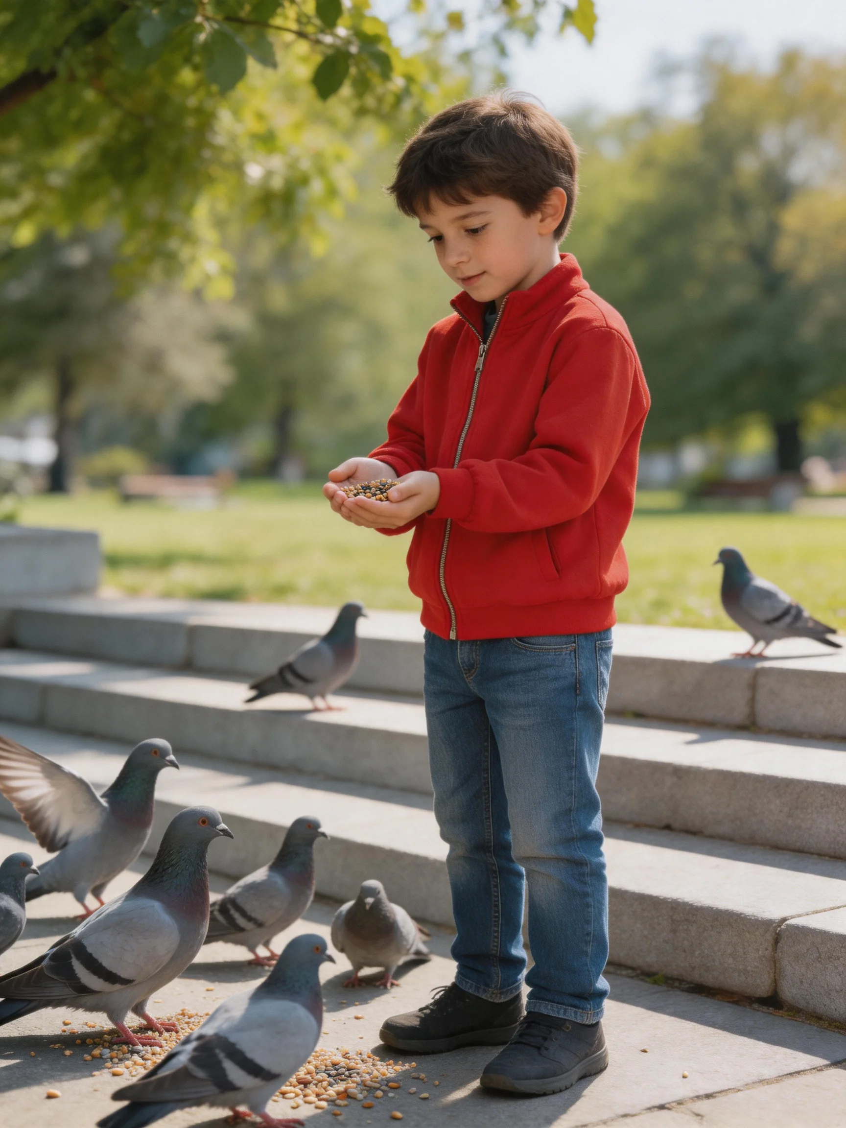A boy in a red jacket feeds numerous pigeons near stone steps