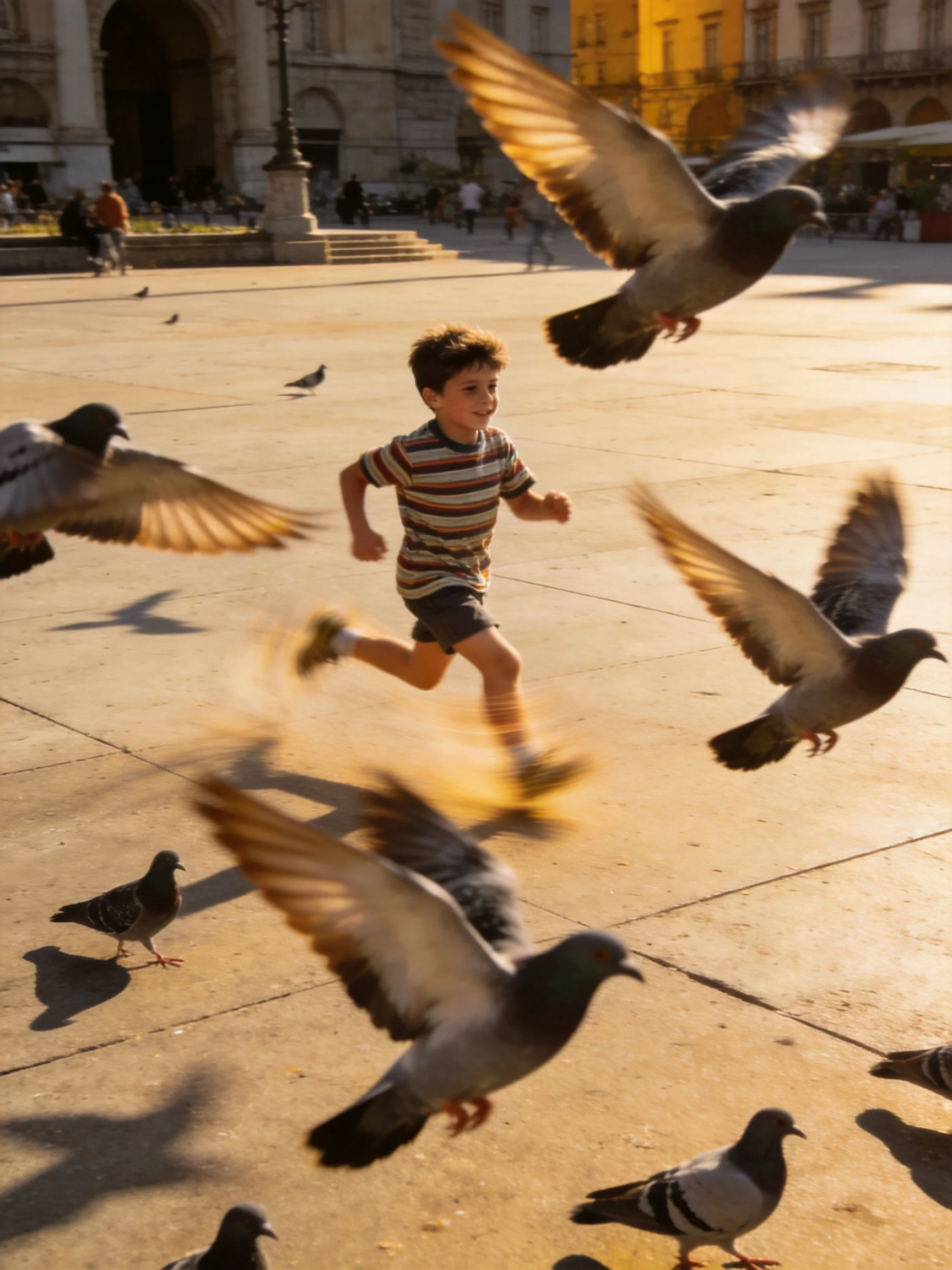 A boy running amid pigeons in a sunlit plaza