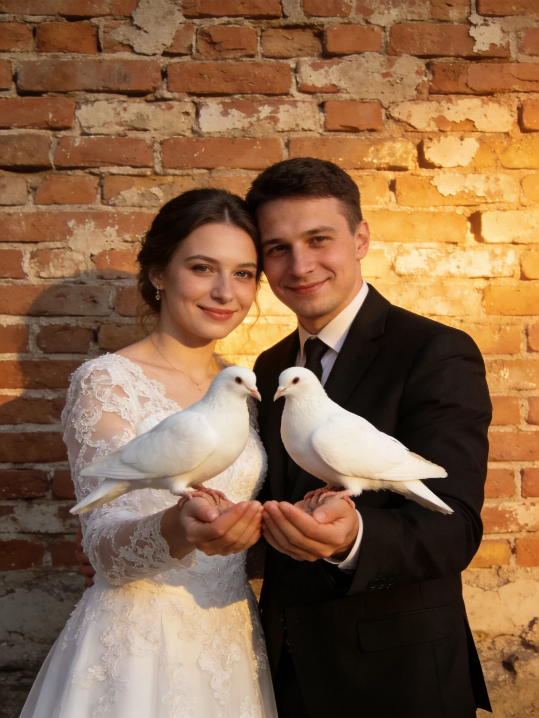 A bride and groom hold two white doves against an aged brick wall