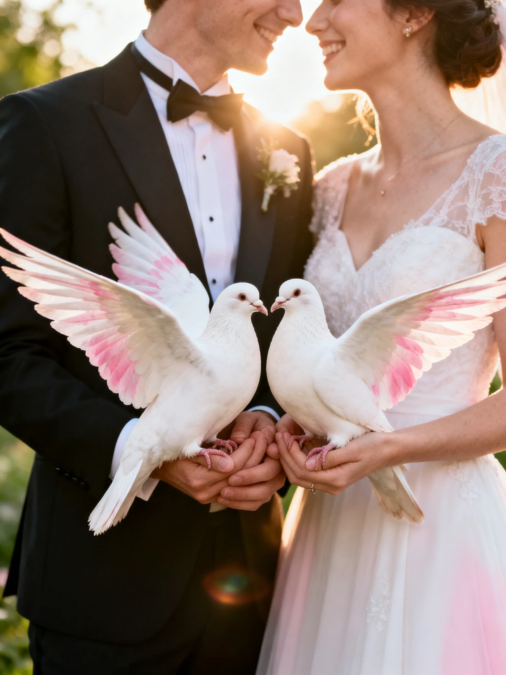 A bride and groom hold two white doves with pink wing accents during sunset