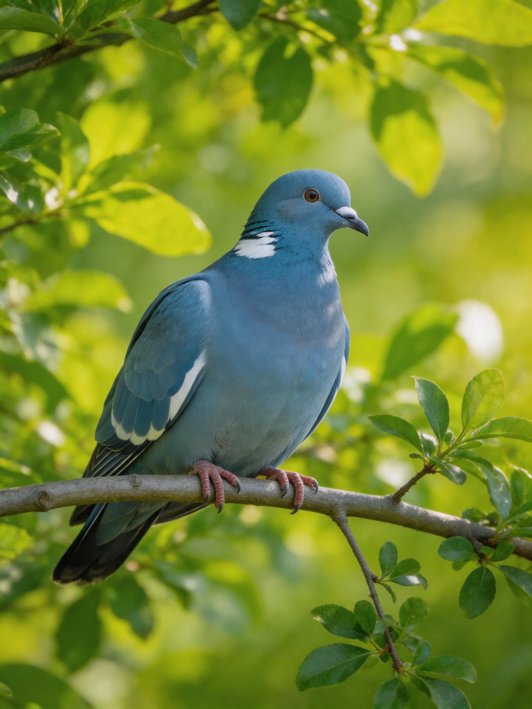 A bright blue pigeon perches on a tree branch amid green foliage