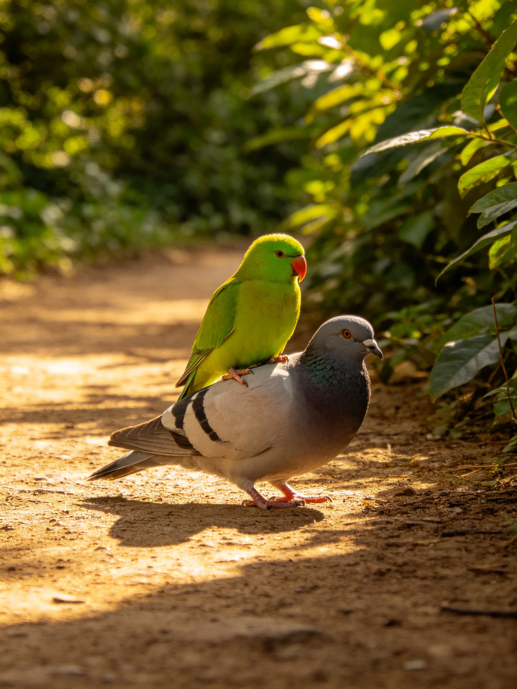 A bright green parrot perches on a gray pigeon along a sunlit dirt path