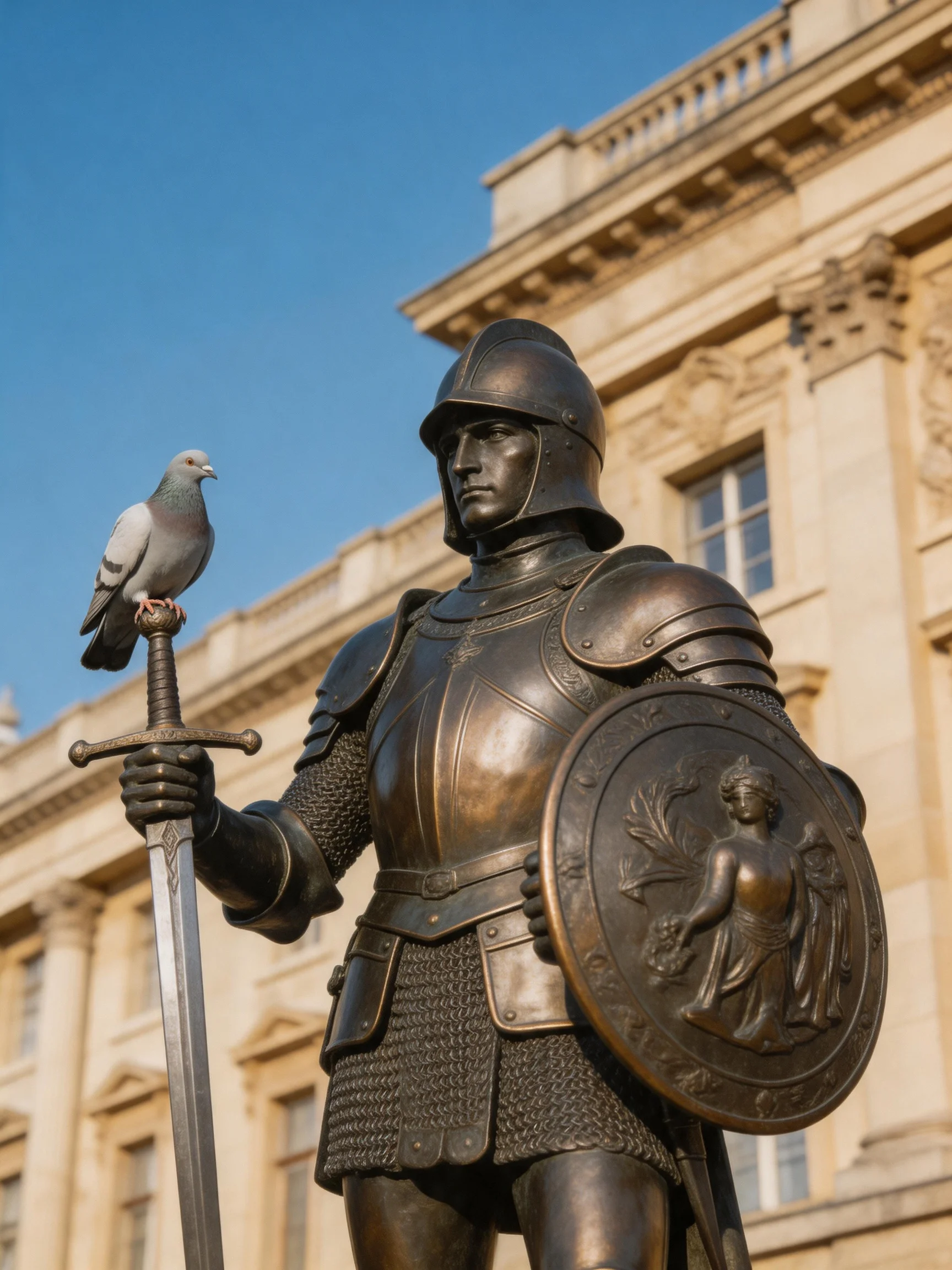 A bronze armored knight statue with a gray pigeon perched on sword