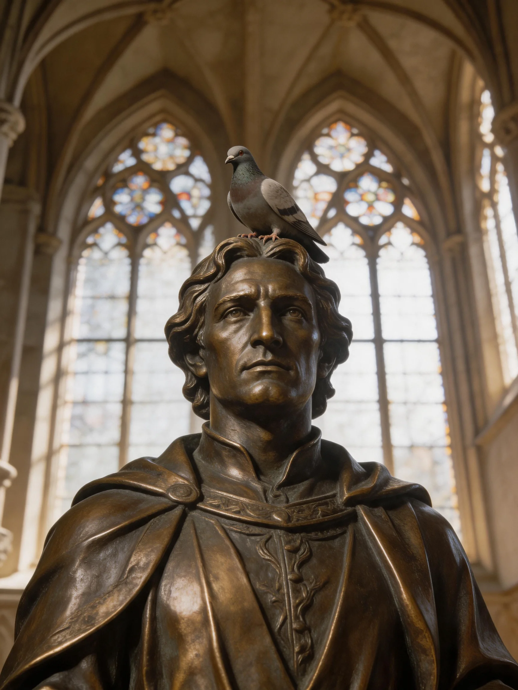 A bronze statue of a man with a pigeon atop his head near stained glass windows