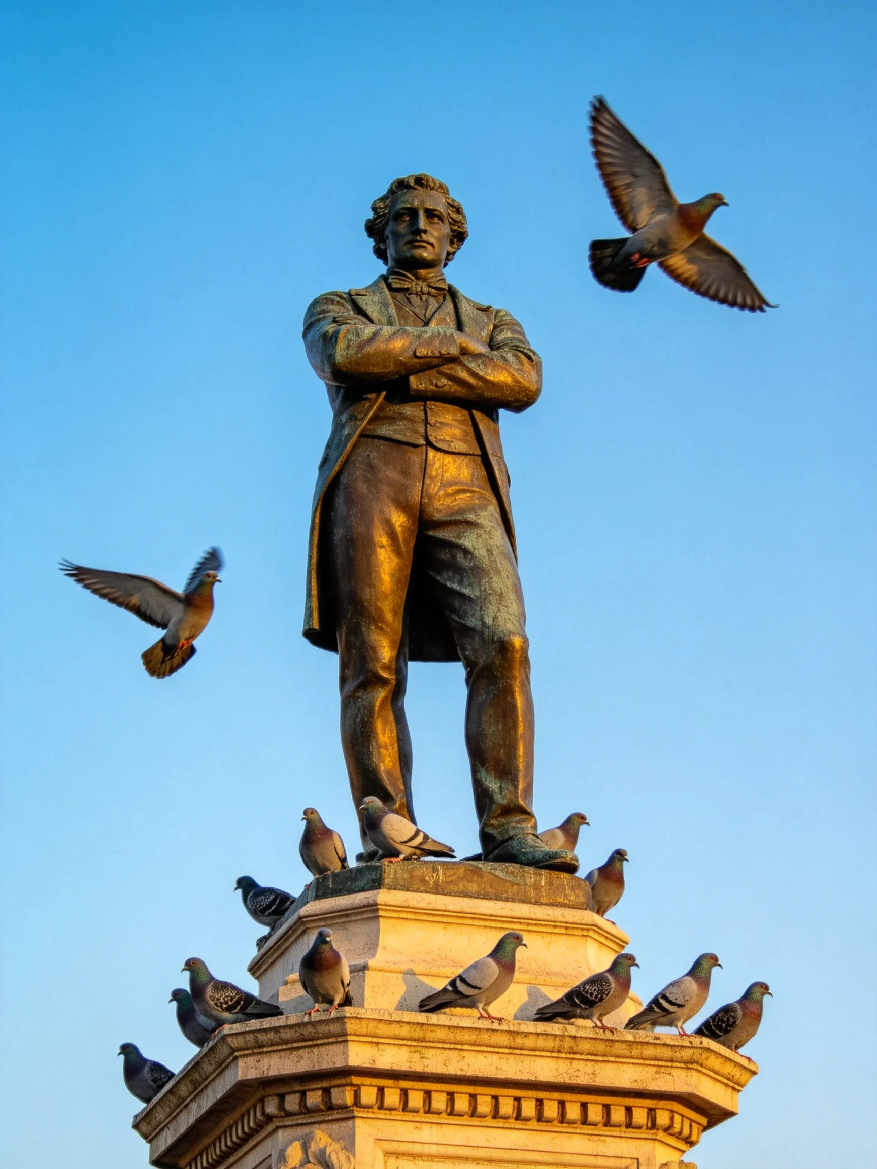 A bronze statue stands among many pigeons under a clear blue sky