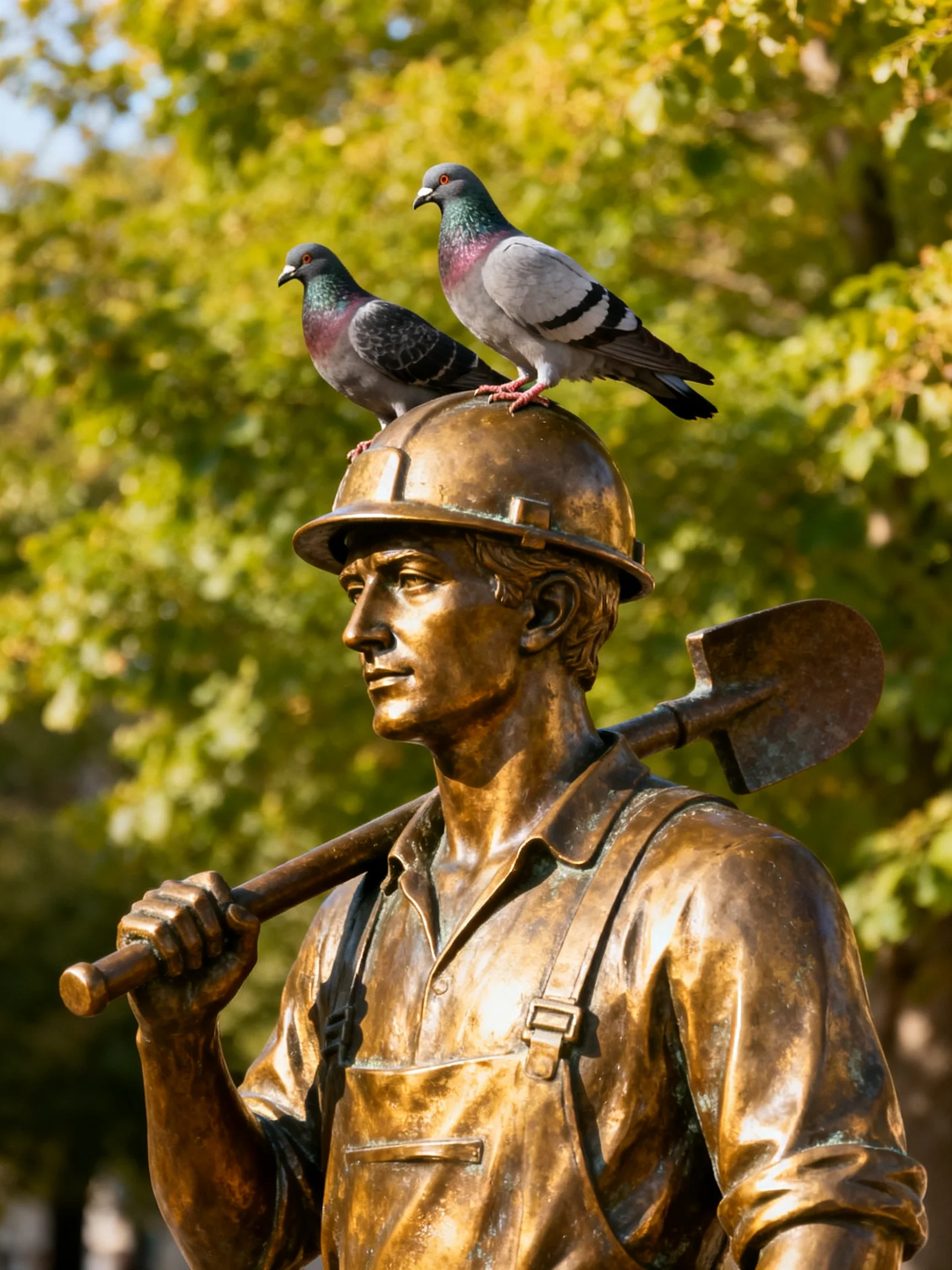 A bronze worker statue with two pigeons on a hard hat near green foliage