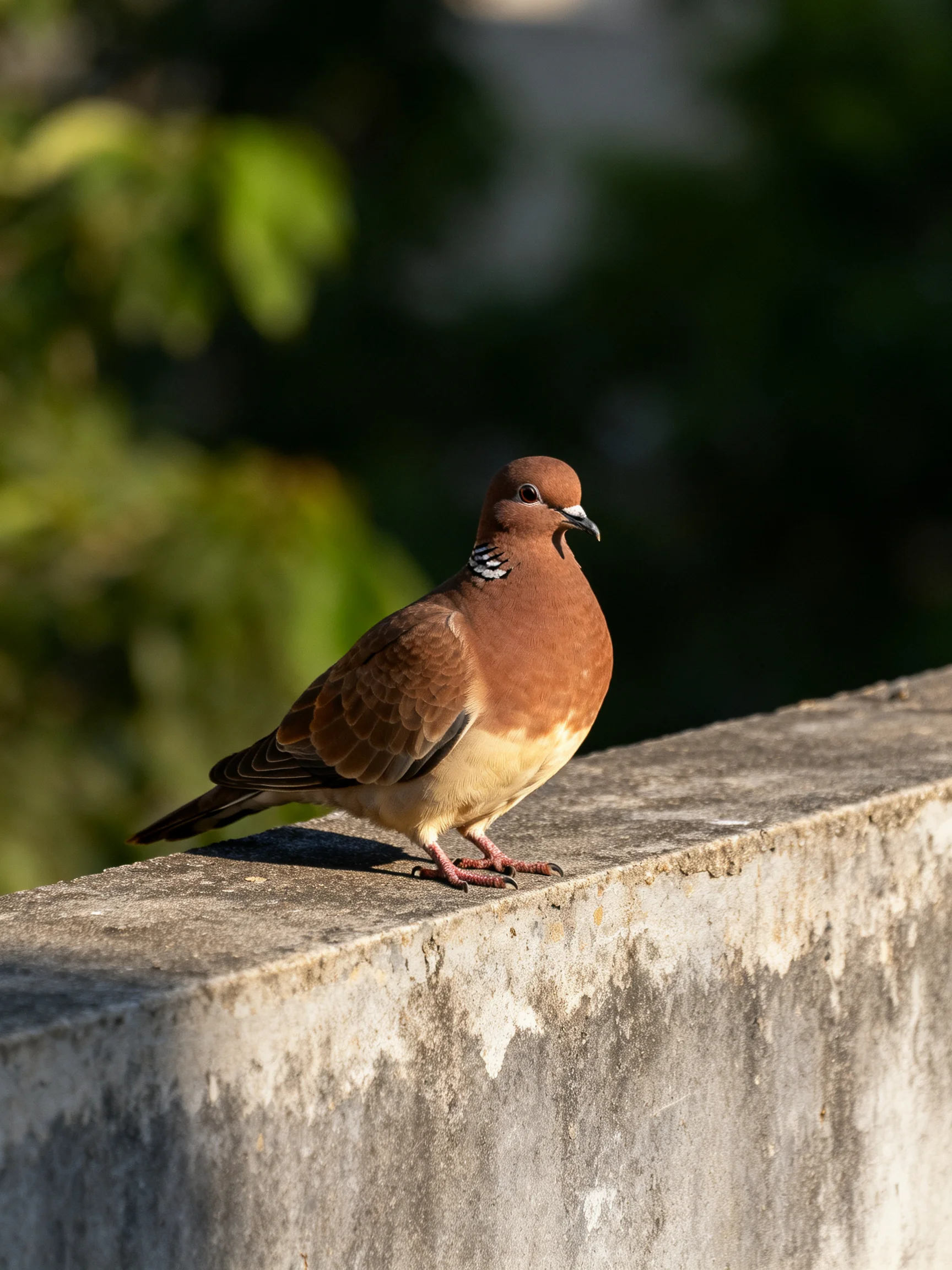 A brown and beige dove perches on a weathered concrete ledge