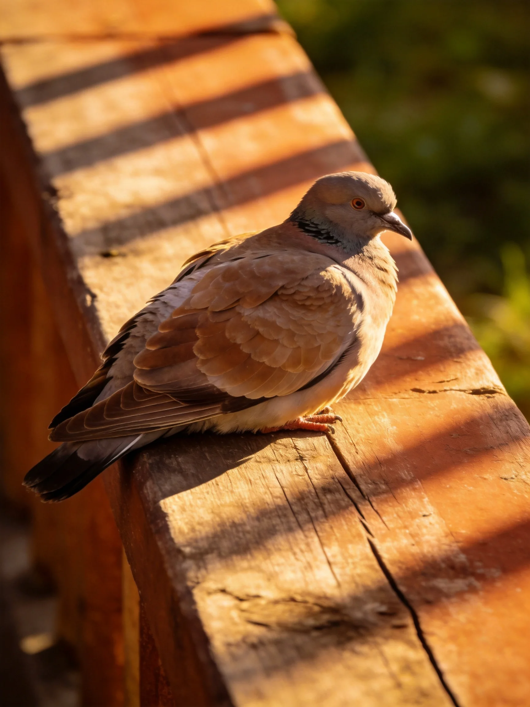 A brown and gray pigeon on weathered wooden planks in warm sunlight