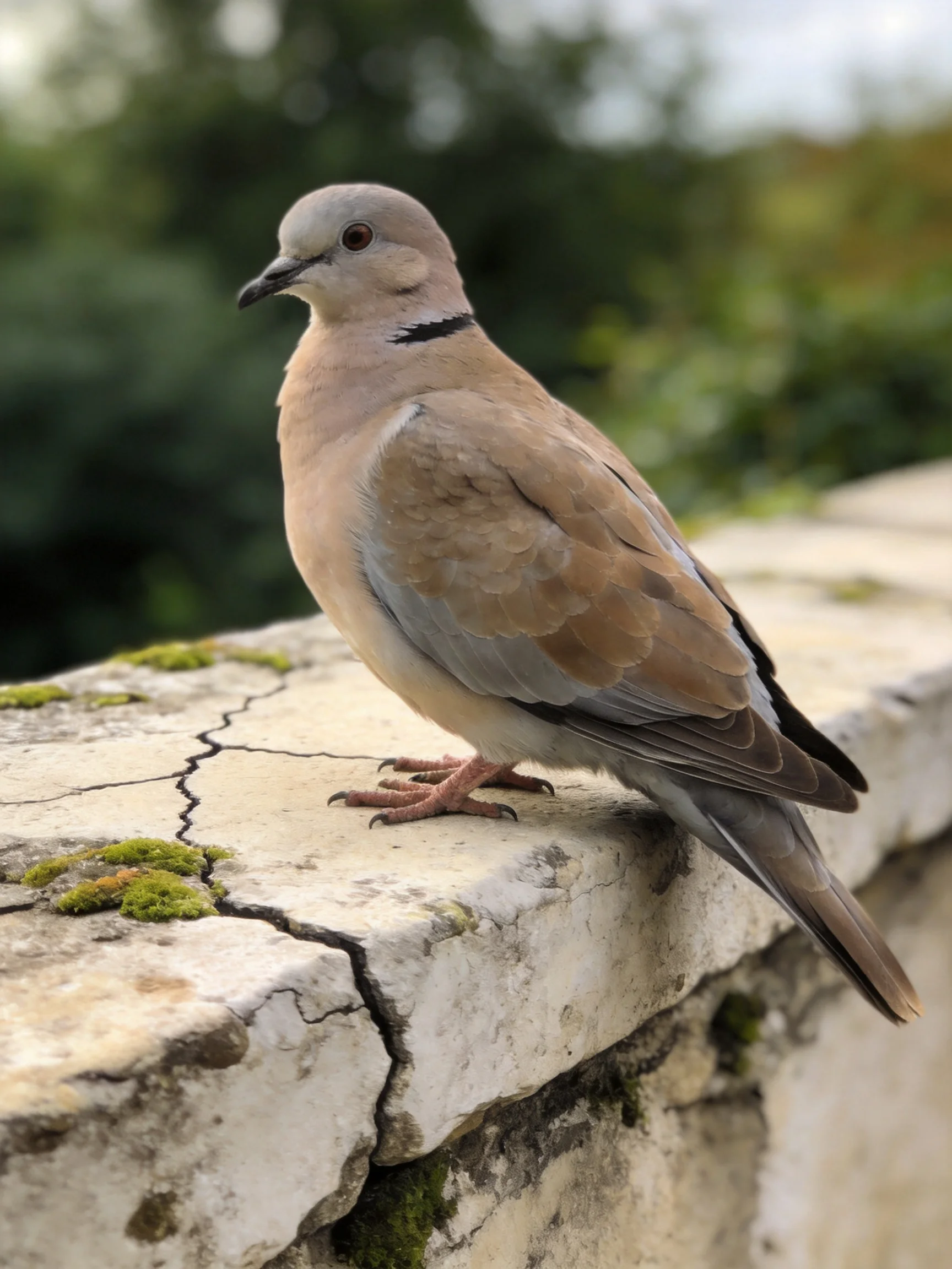 A pigeon rests on a stone ledge near greenery.
