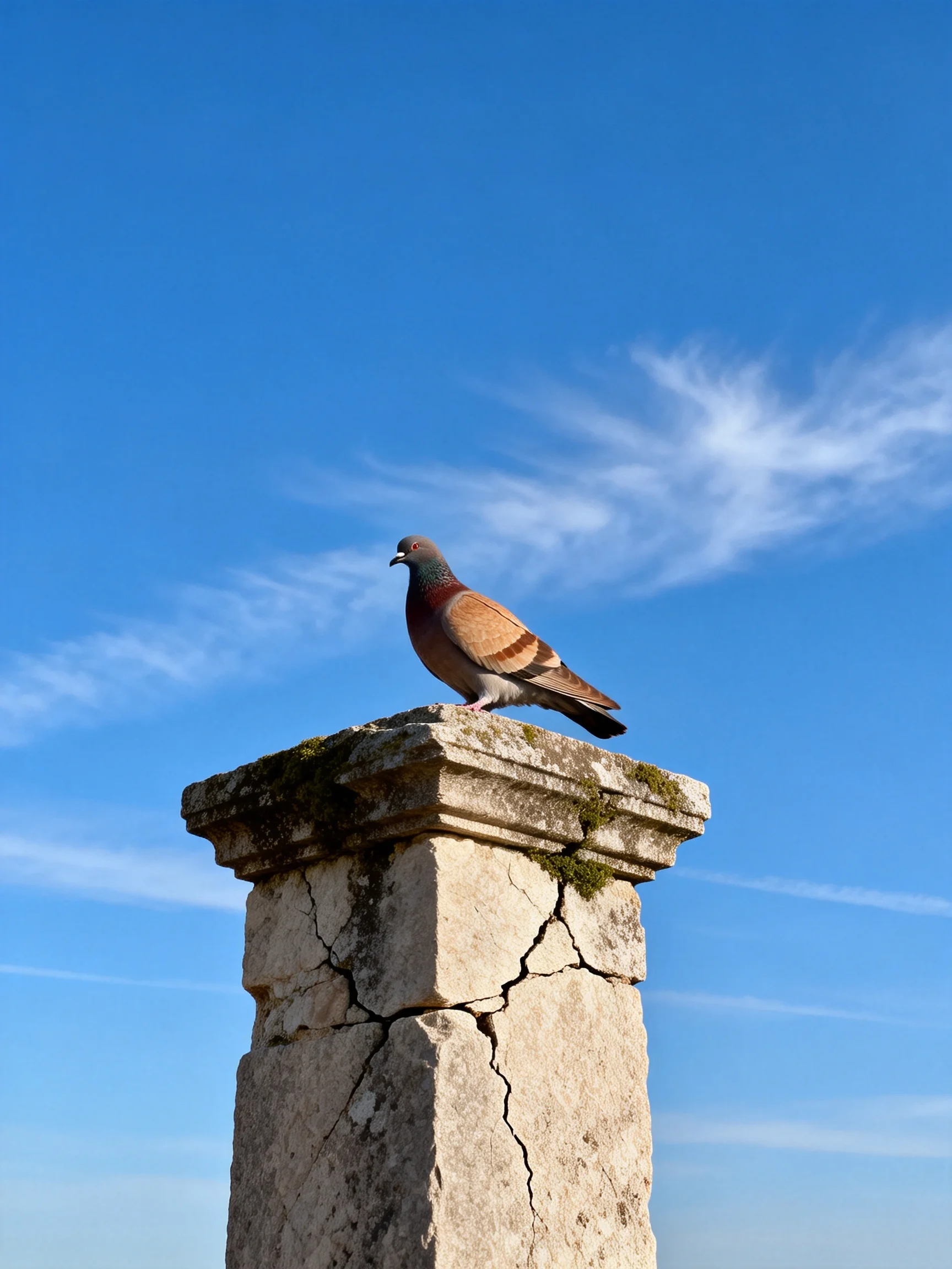 A pigeon rests on an ancient stone column against a clear blue sky.