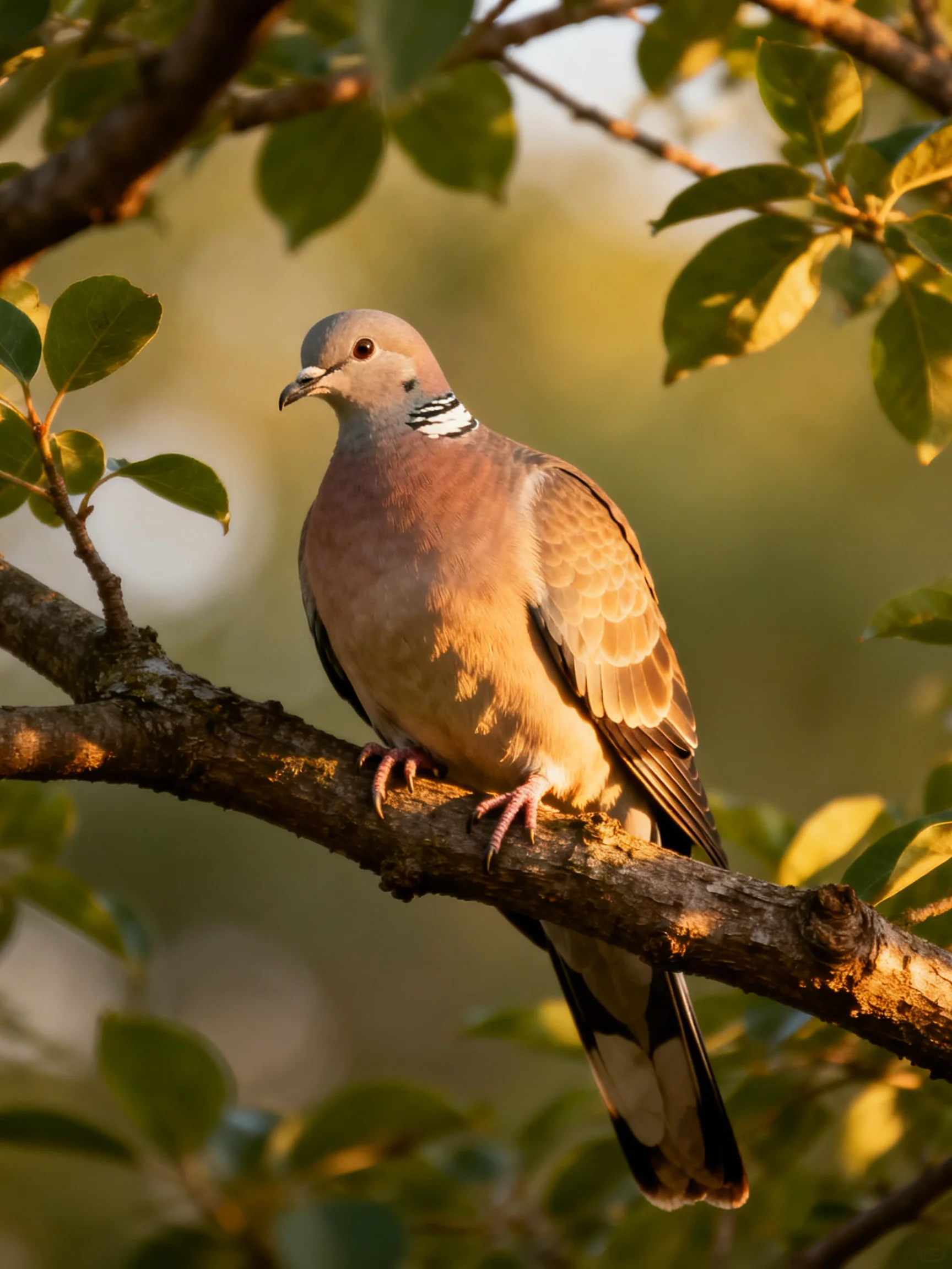 A brown and gray pigeon with striped neck perched on a tree branch