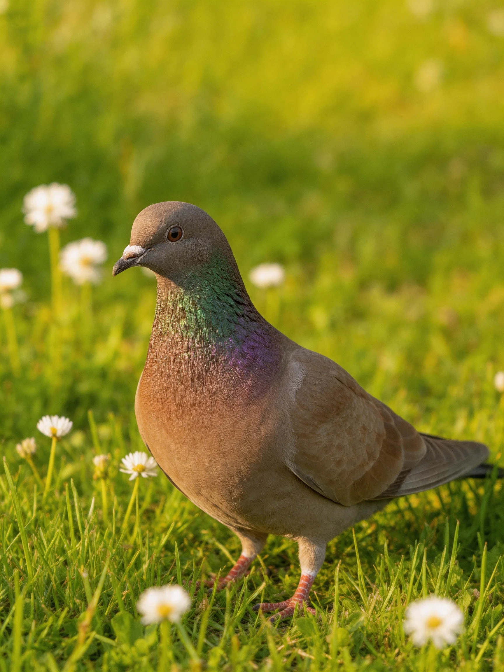 A pigeon stands on grass surrounded by small white flowers.