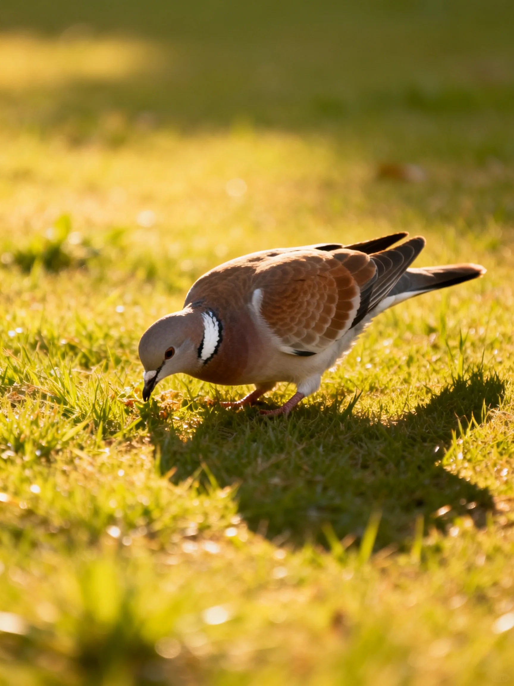 A brown and white bird foraging in sunlit grass