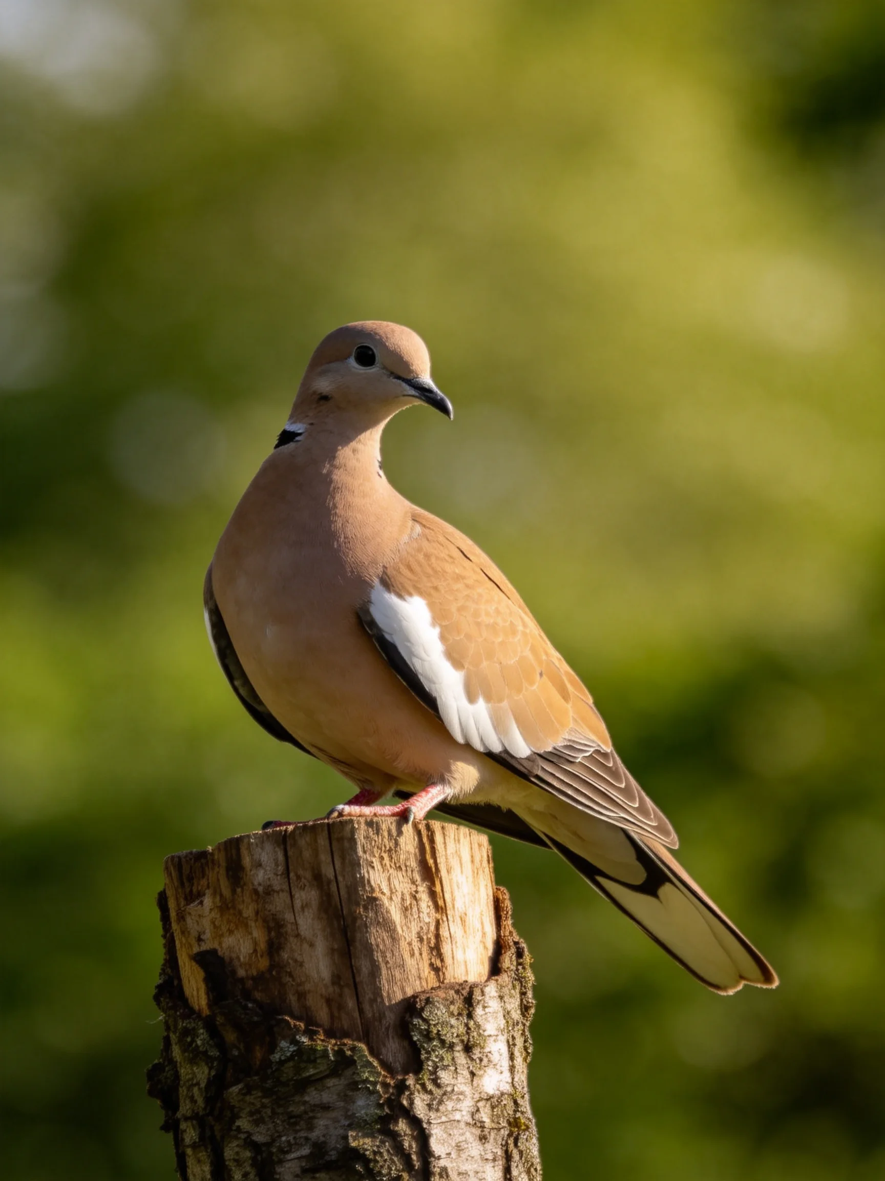 A brown and white bird rests atop a weathered wooden stump amid a blurred green backdrop.