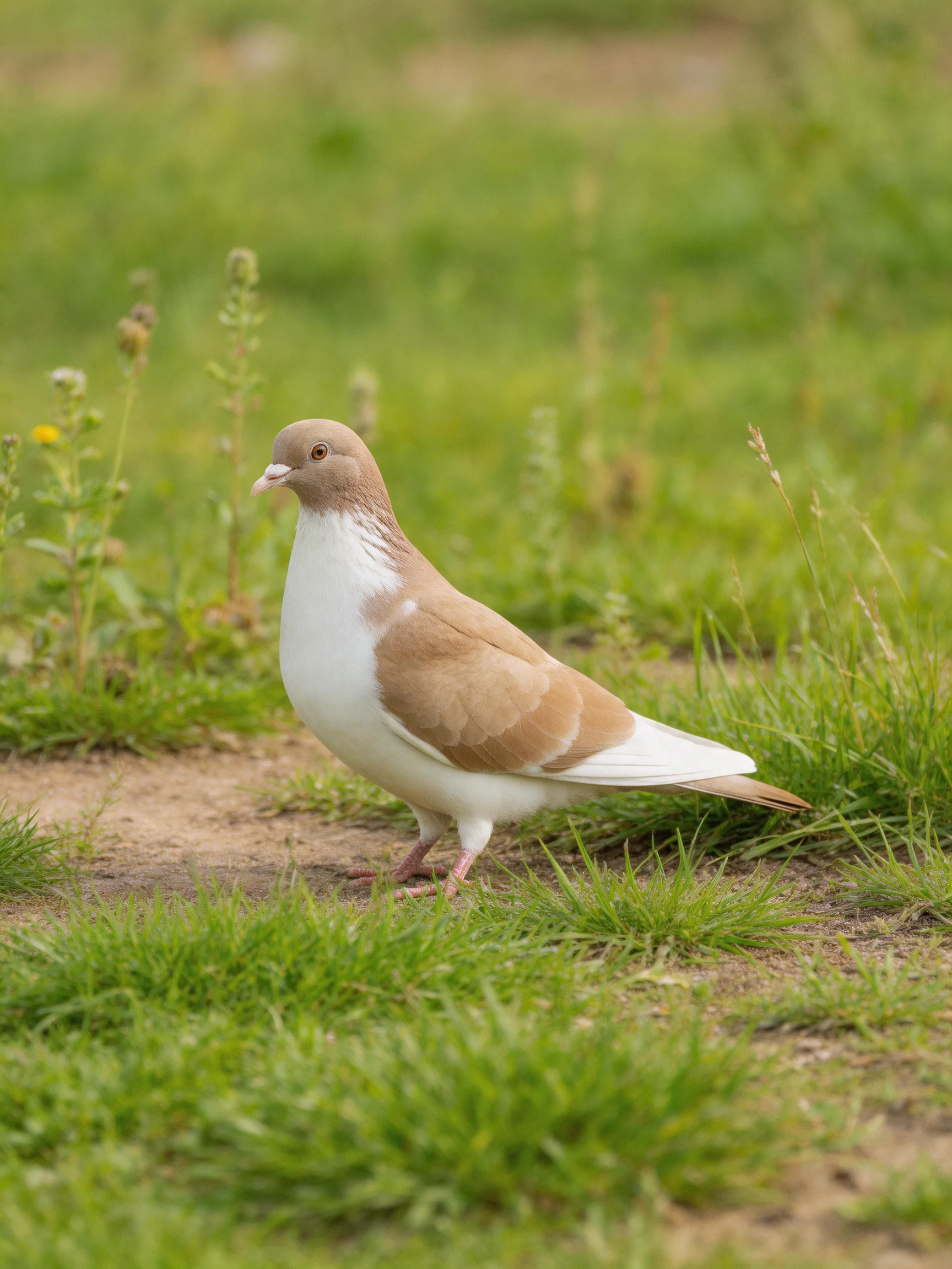 A brown and white pigeon stands on green grass in an outdoor area.