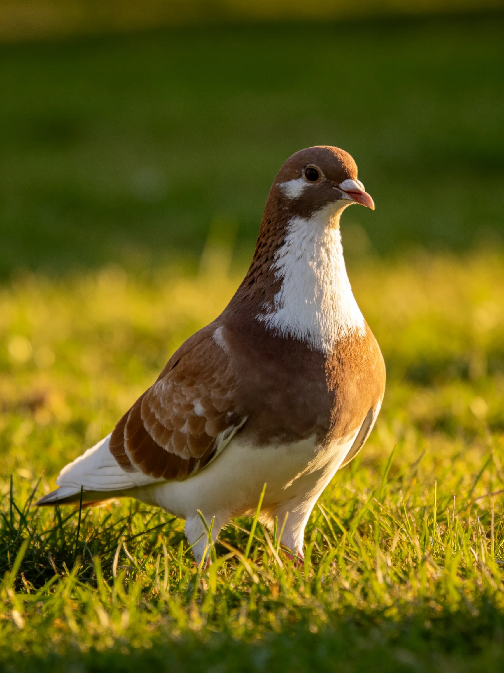 A brown and white pigeon stands on grass in a sunlit setting.