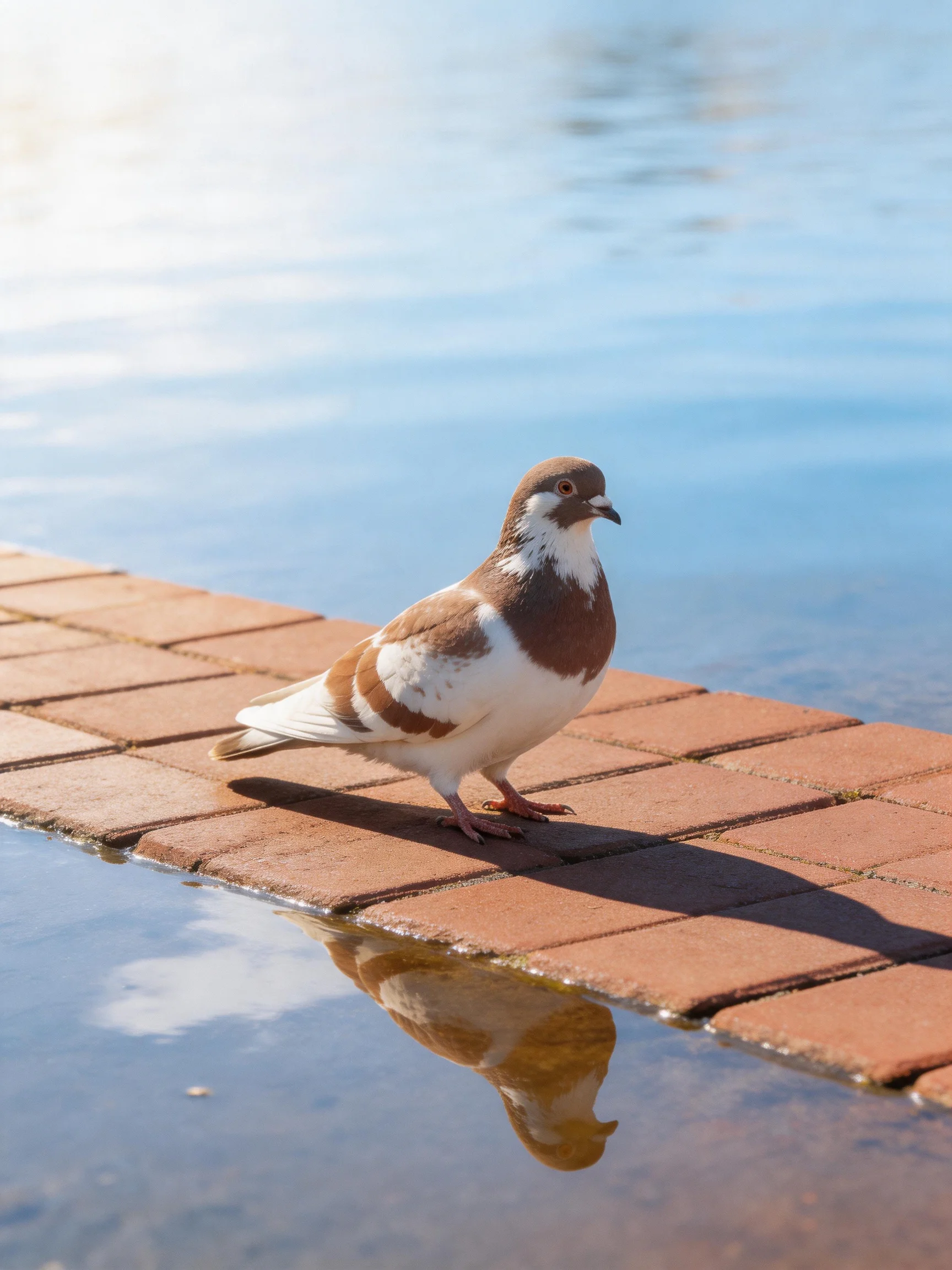 A brown and white pigeon on wet brick tiles by calm water