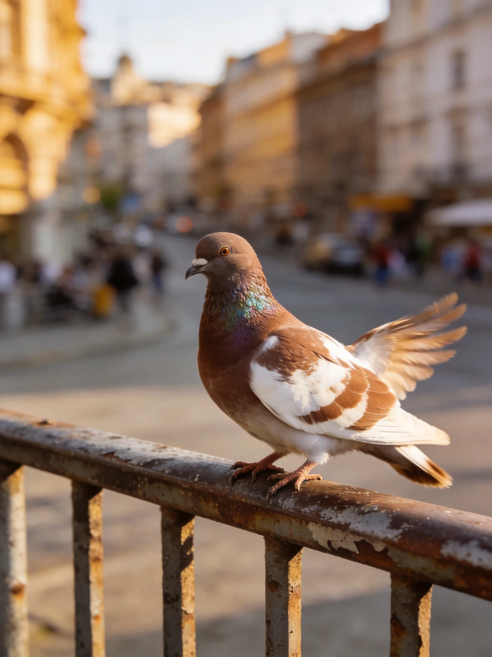 A brown and white pigeon rests on a rusty railing in a busy city setting.