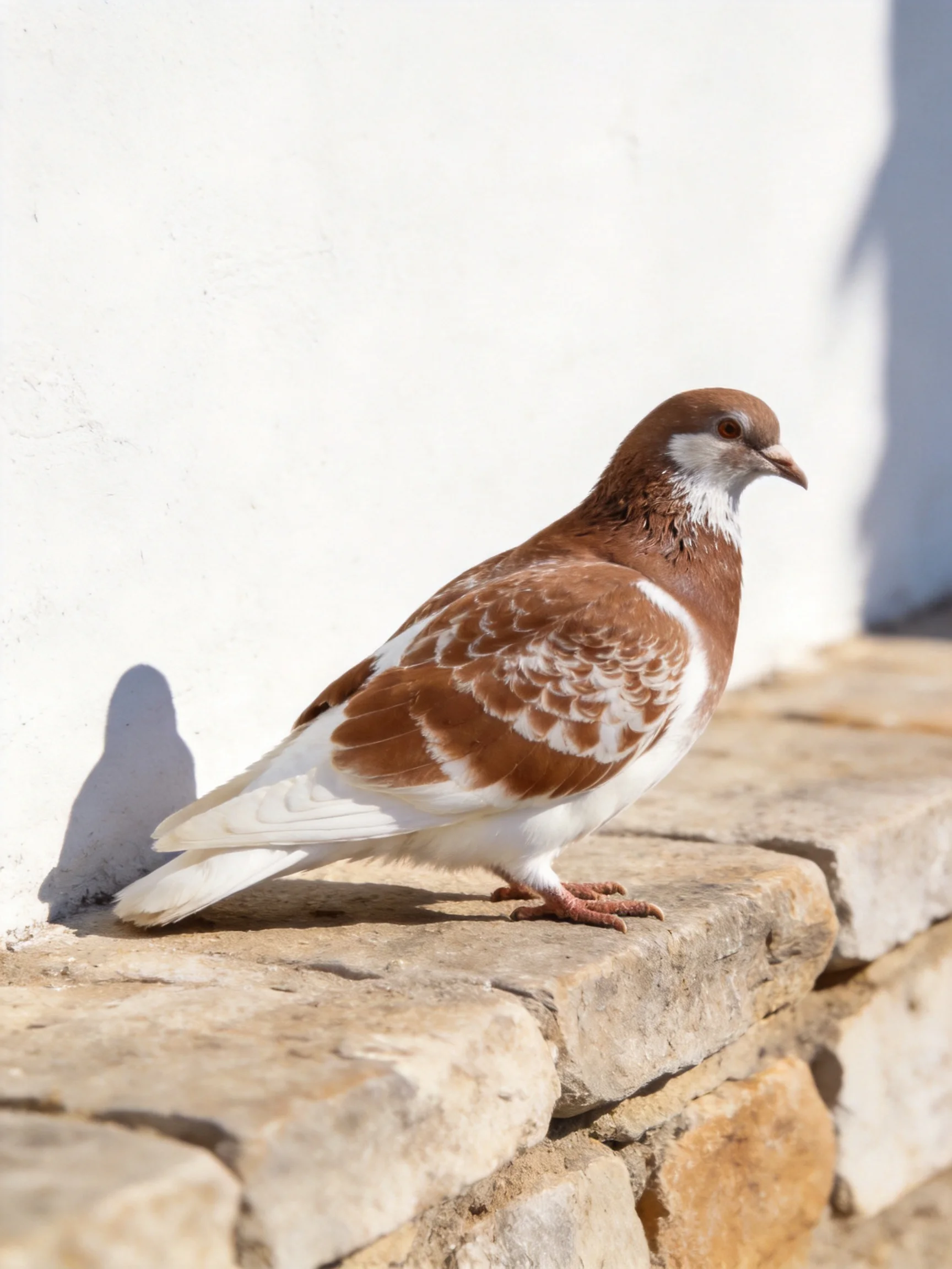 A brown and white pigeon perched on a stone ledge near a white wall