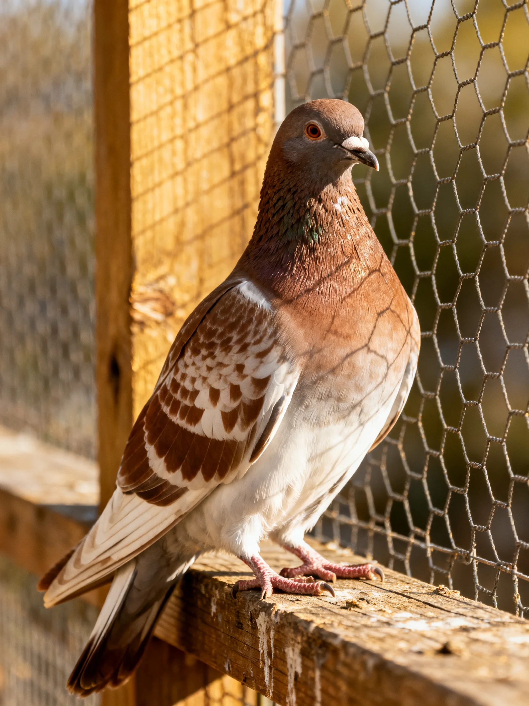 A brown and white pigeon perches on a wooden fence near hexagonal wire mesh