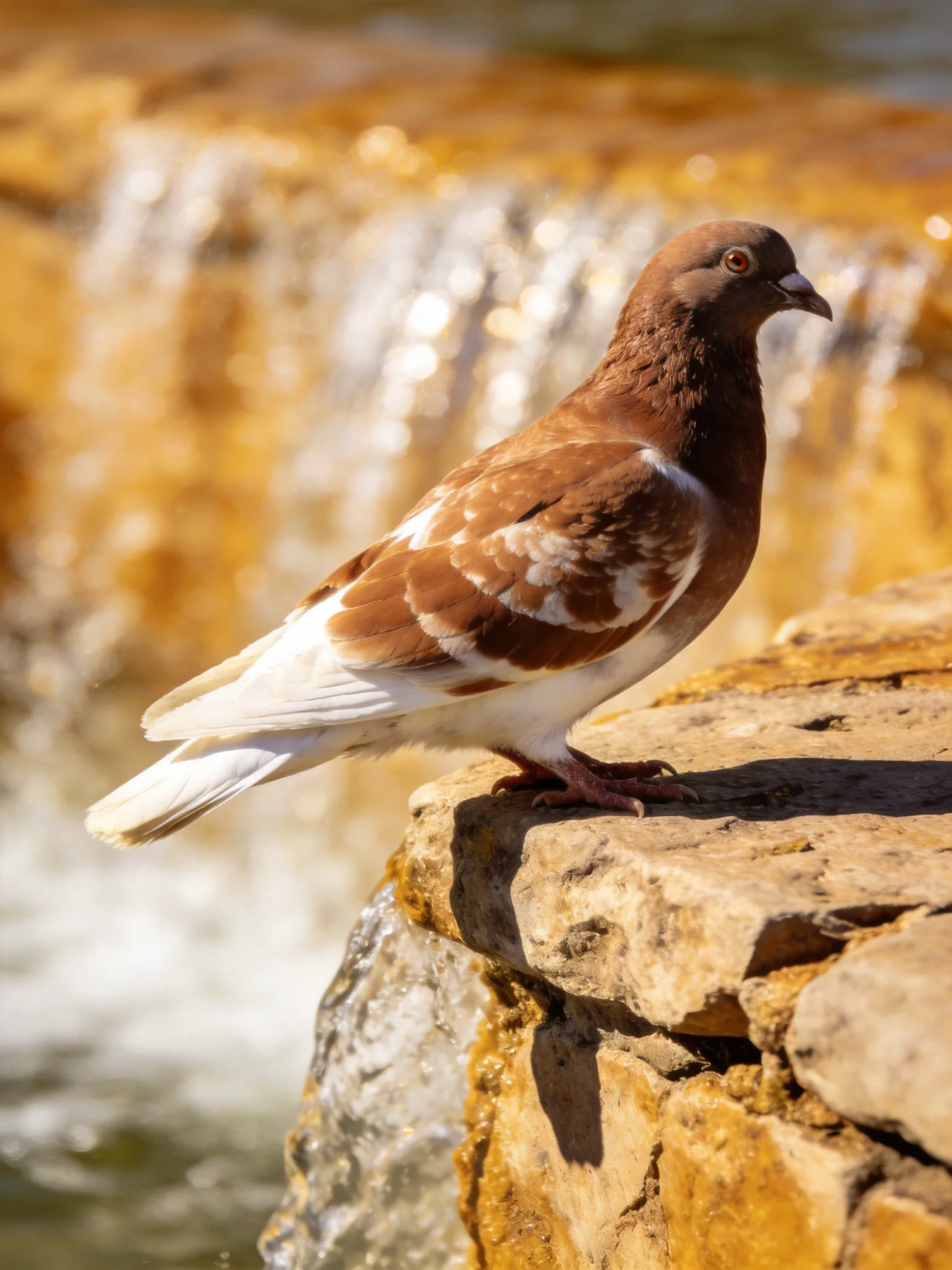 A brown and white pigeon stands on a stone ledge near flowing water