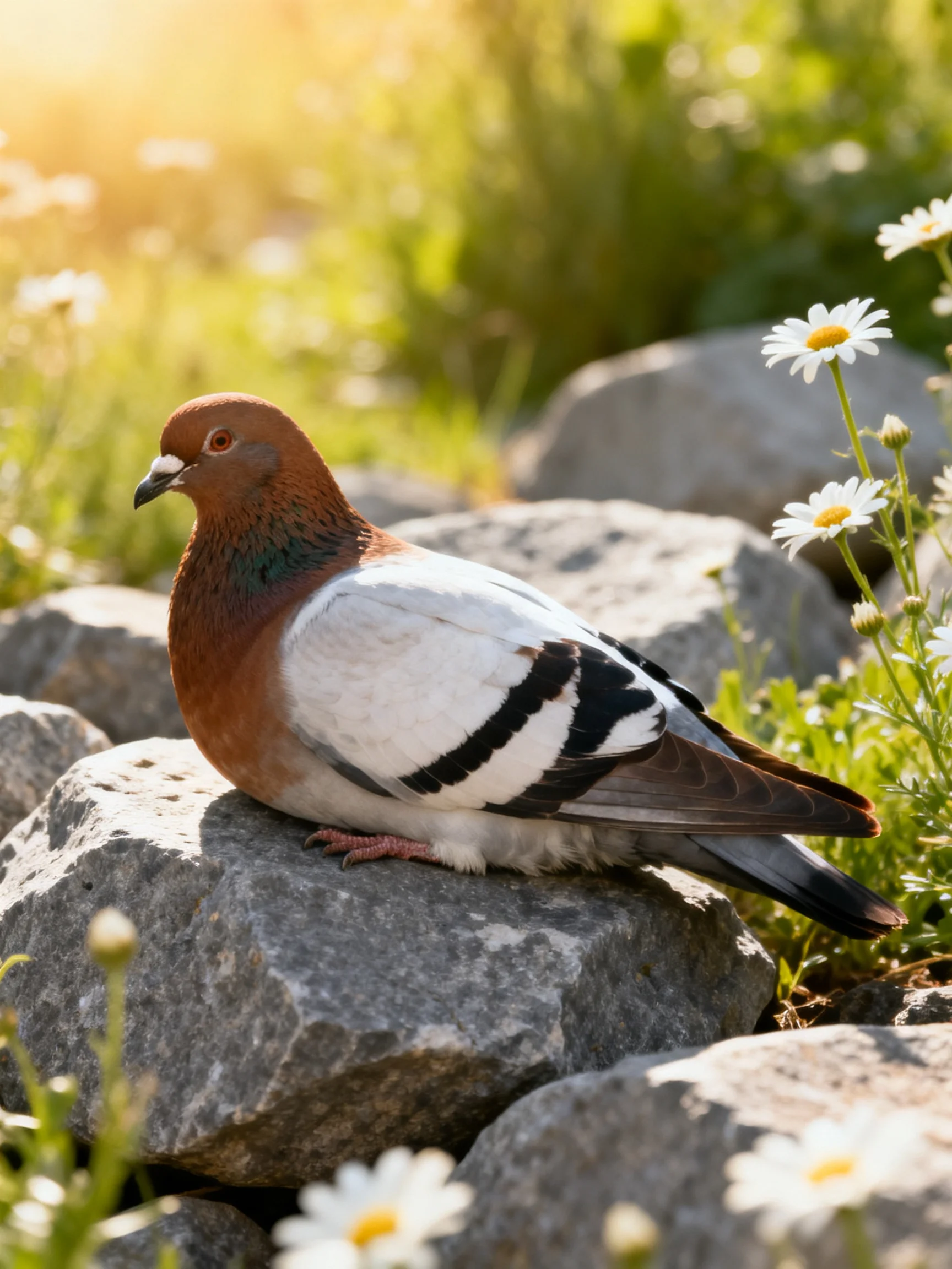 A brown-and-white pigeon rests on gray stones amid white daisies