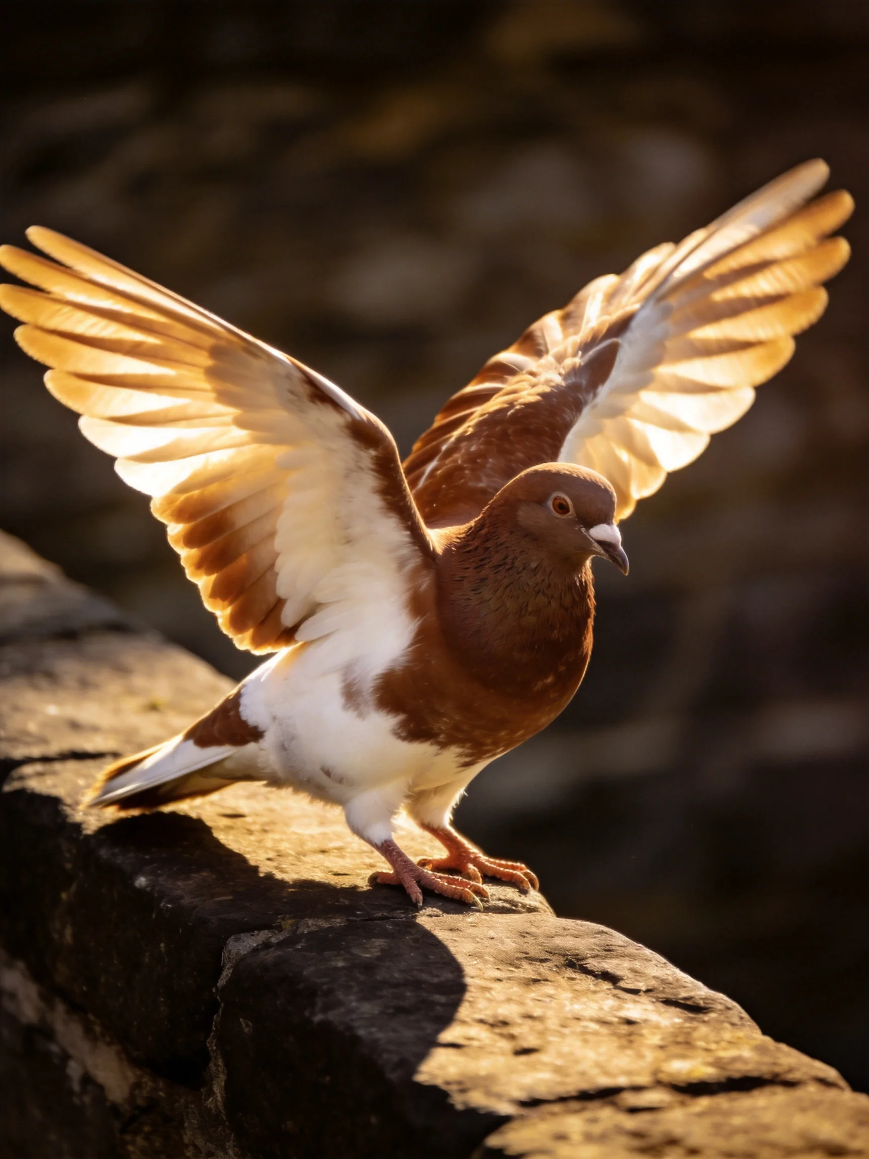 A brown-and-white pigeon spreads wings on a weathered stone ledge in golden light