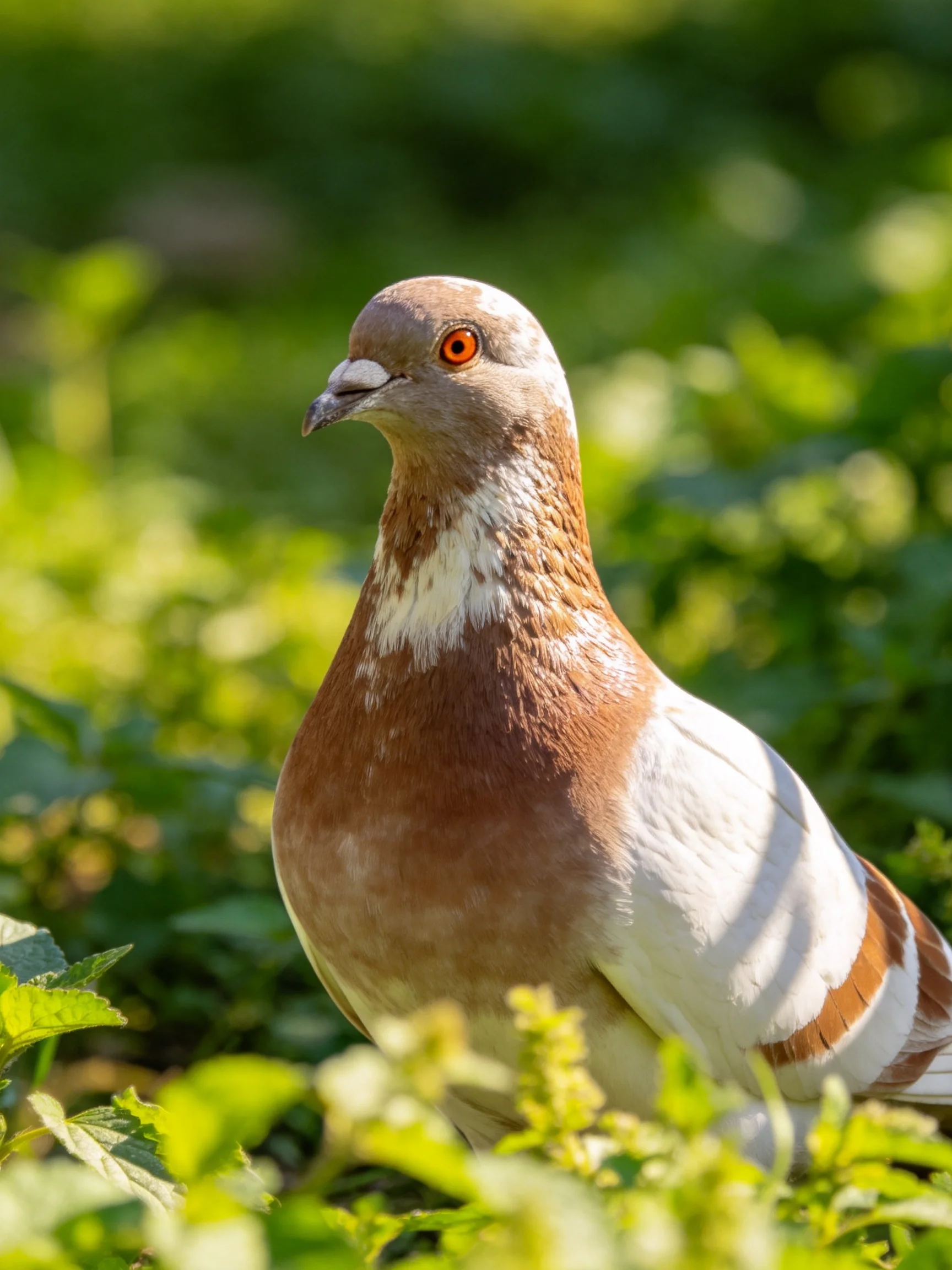 A brown-and-white pigeon rests among vibrant green plants.