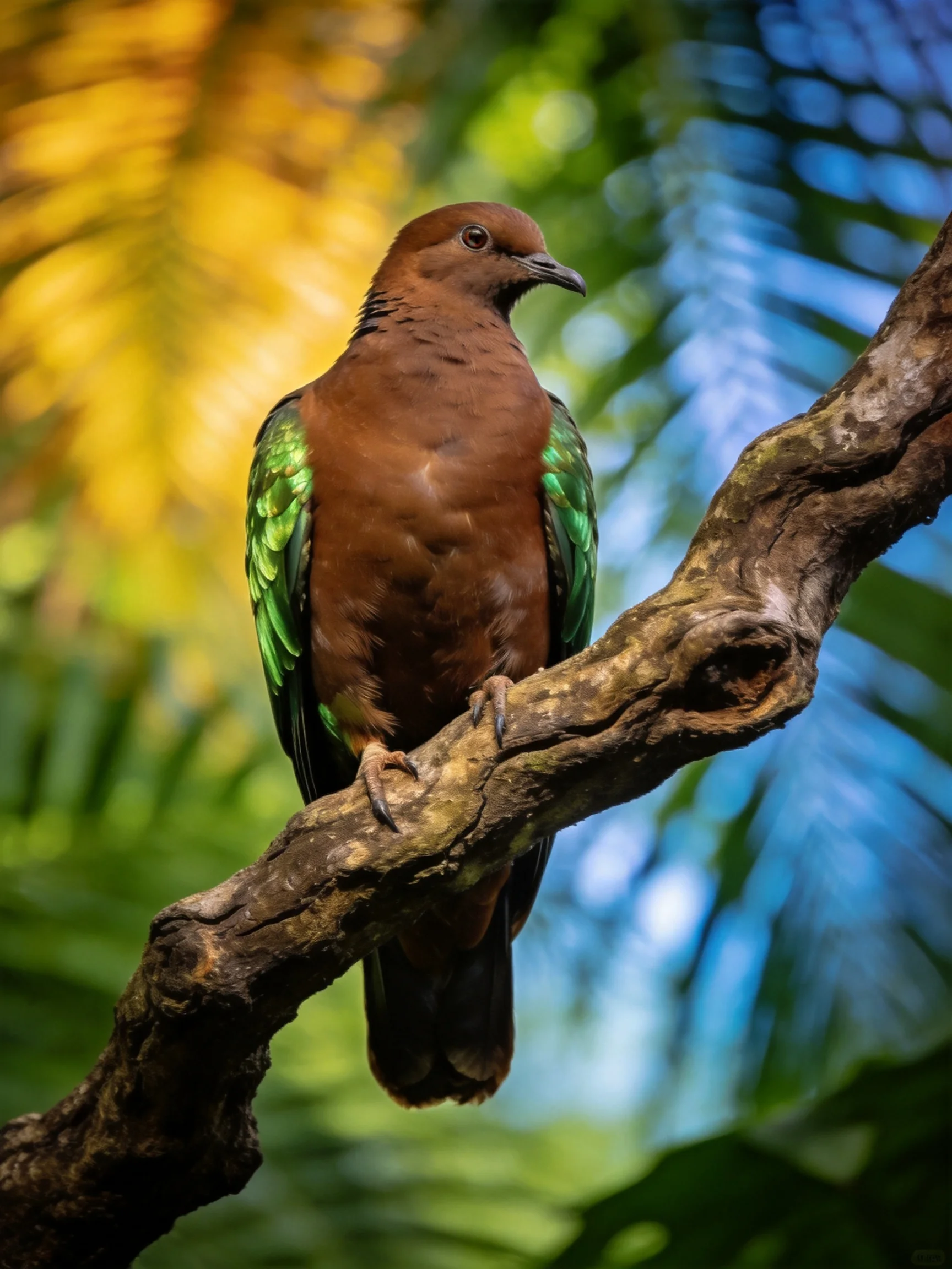 A brown bird with iridescent green wings perches on a gnarled branch