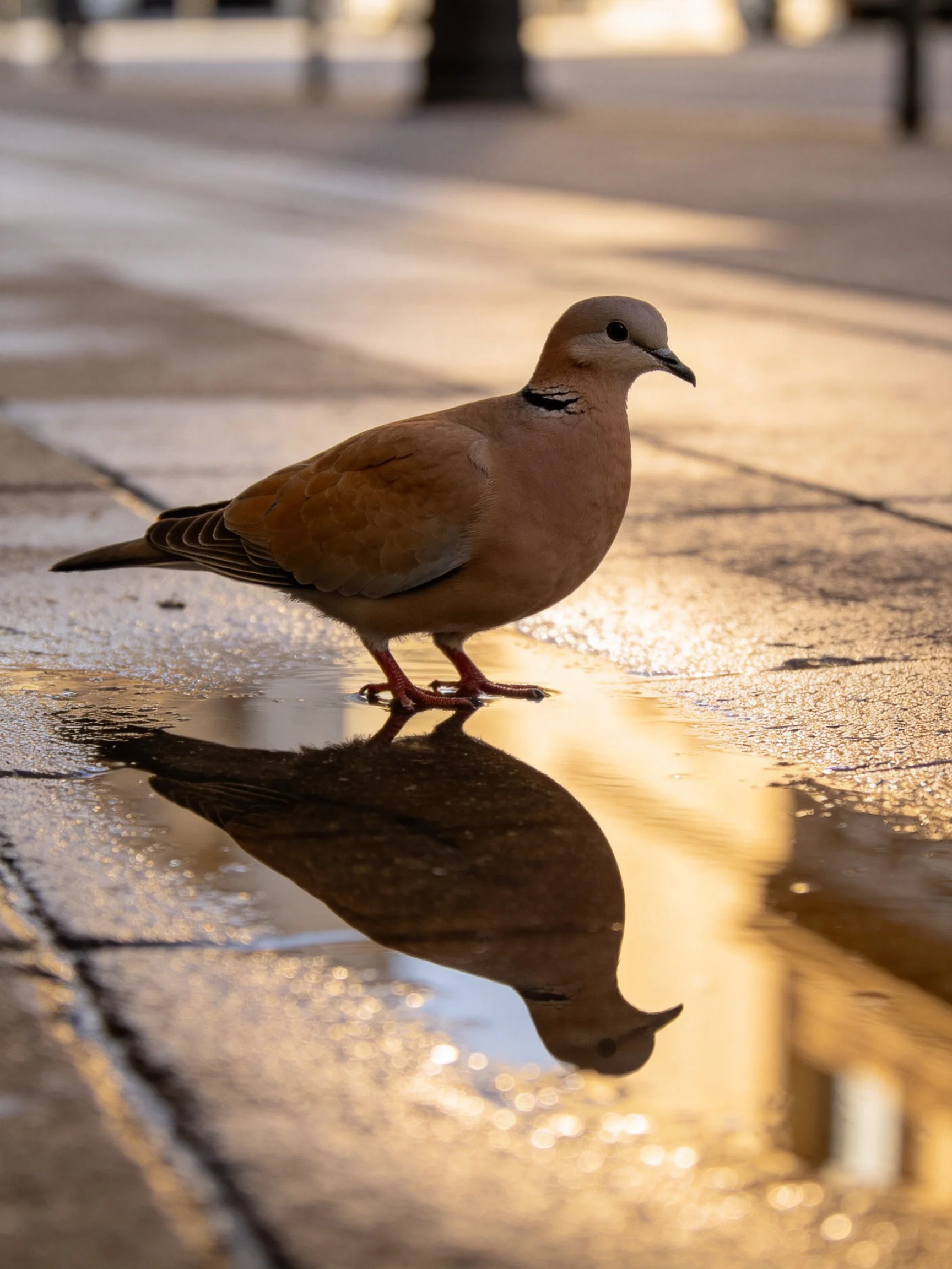 A brown dove on glistening wet pavement with golden reflections