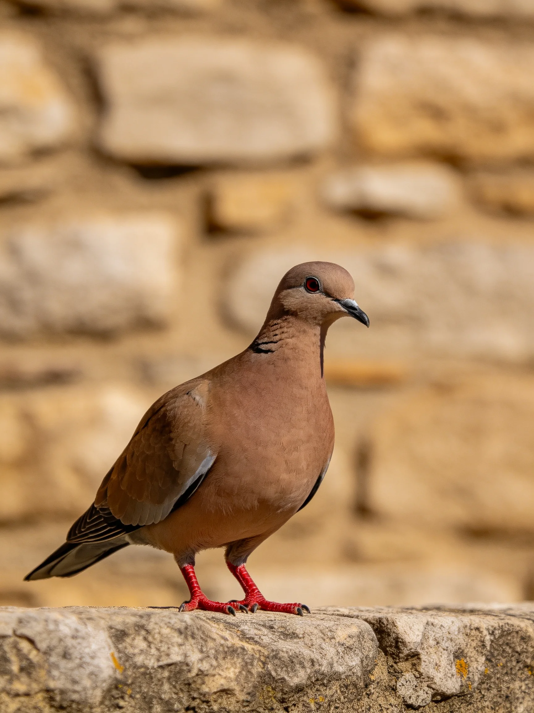 A brown dove perched on a stone ledge near a textured stone wall