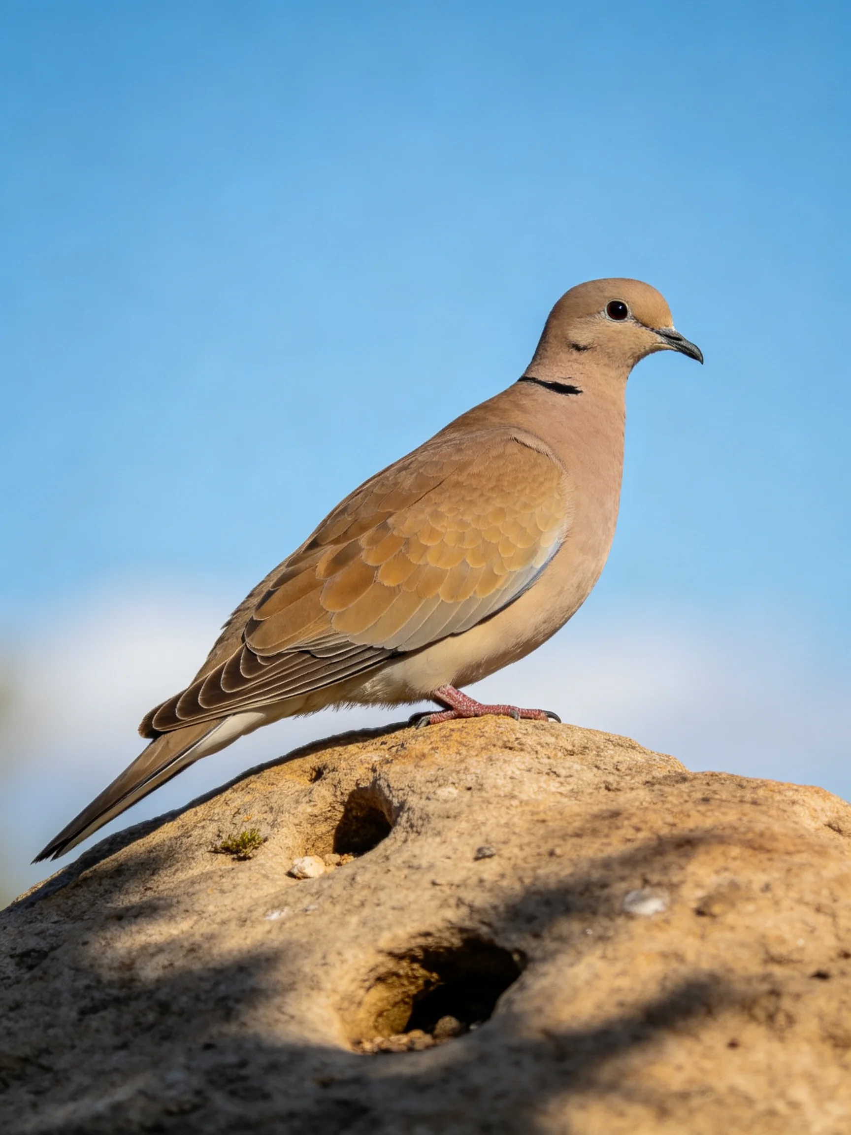 A brown dove perched on a textured stone formation under clear blue sky