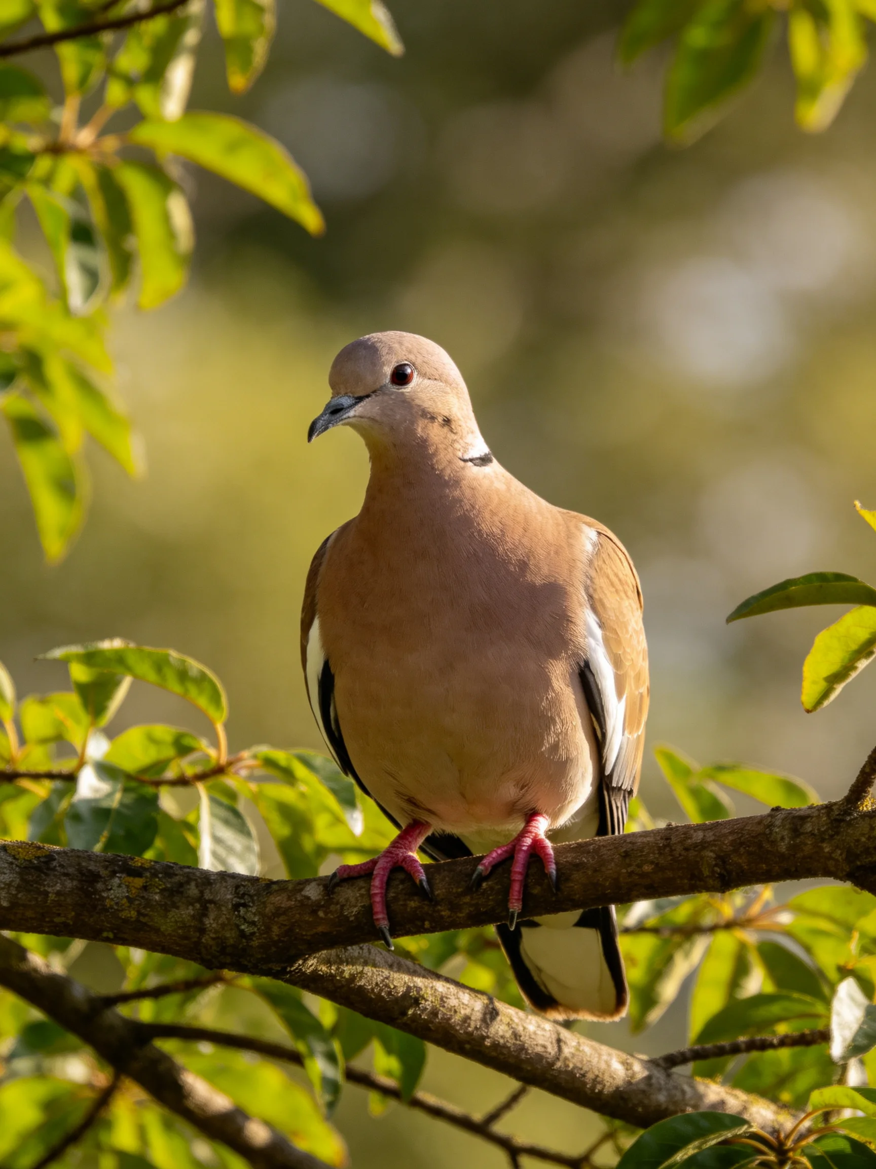 A brown dove perched on a tree branch amid green foliage