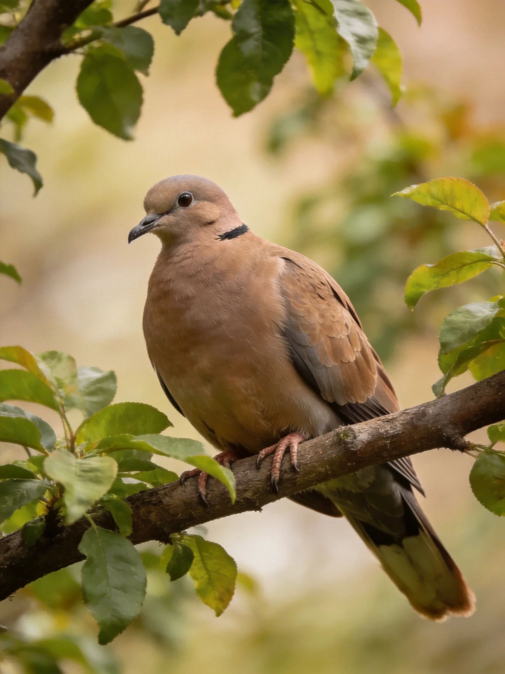 A brown dove perched on a tree branch amid green foliage