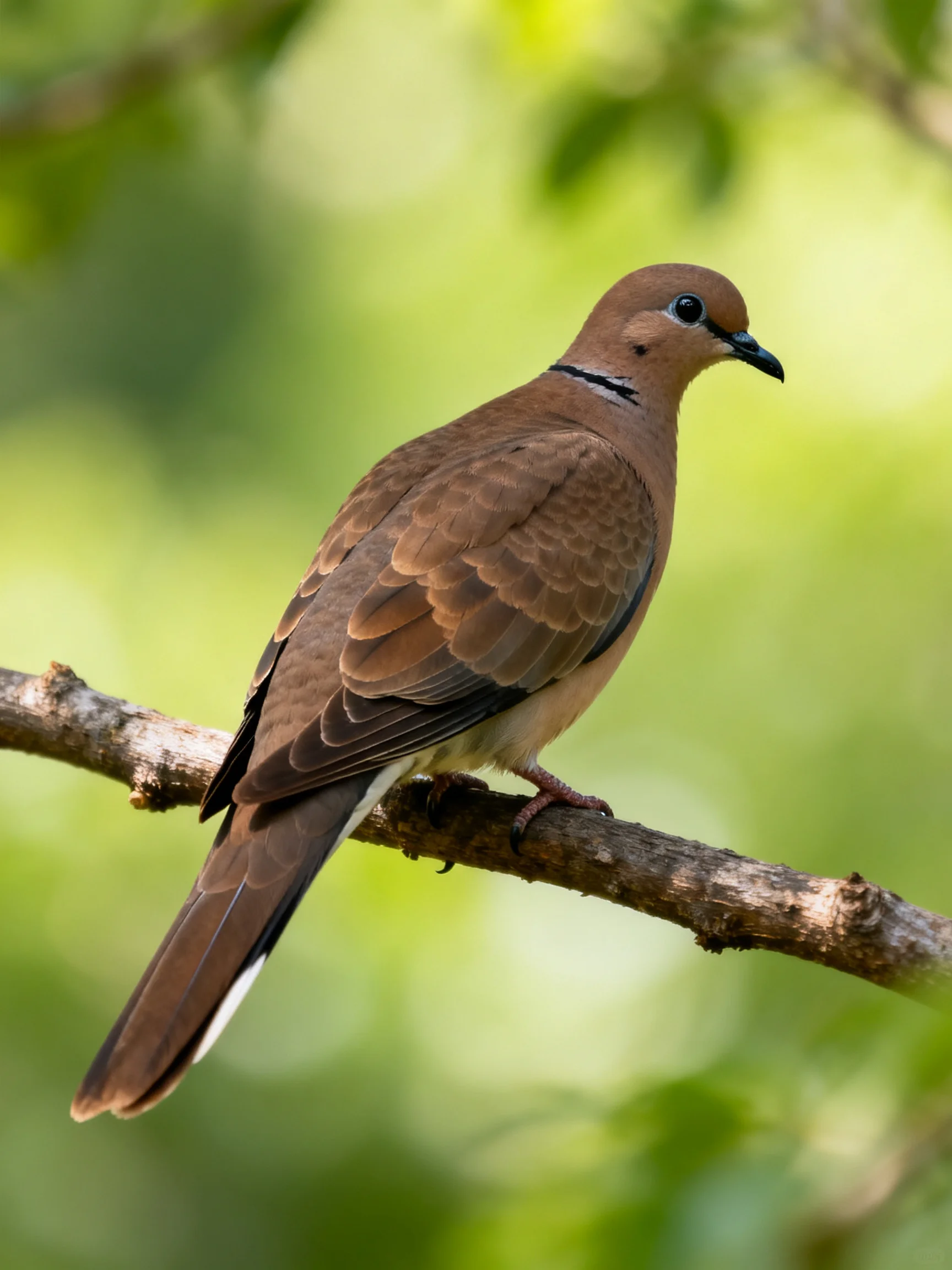 A brown dove perches on a tree branch with green foliage