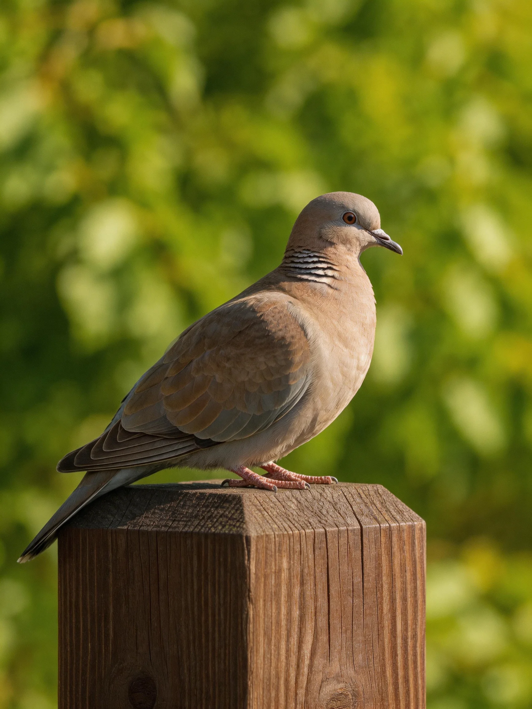 A brown dove perches on a weathered wooden post amid lush green foliage