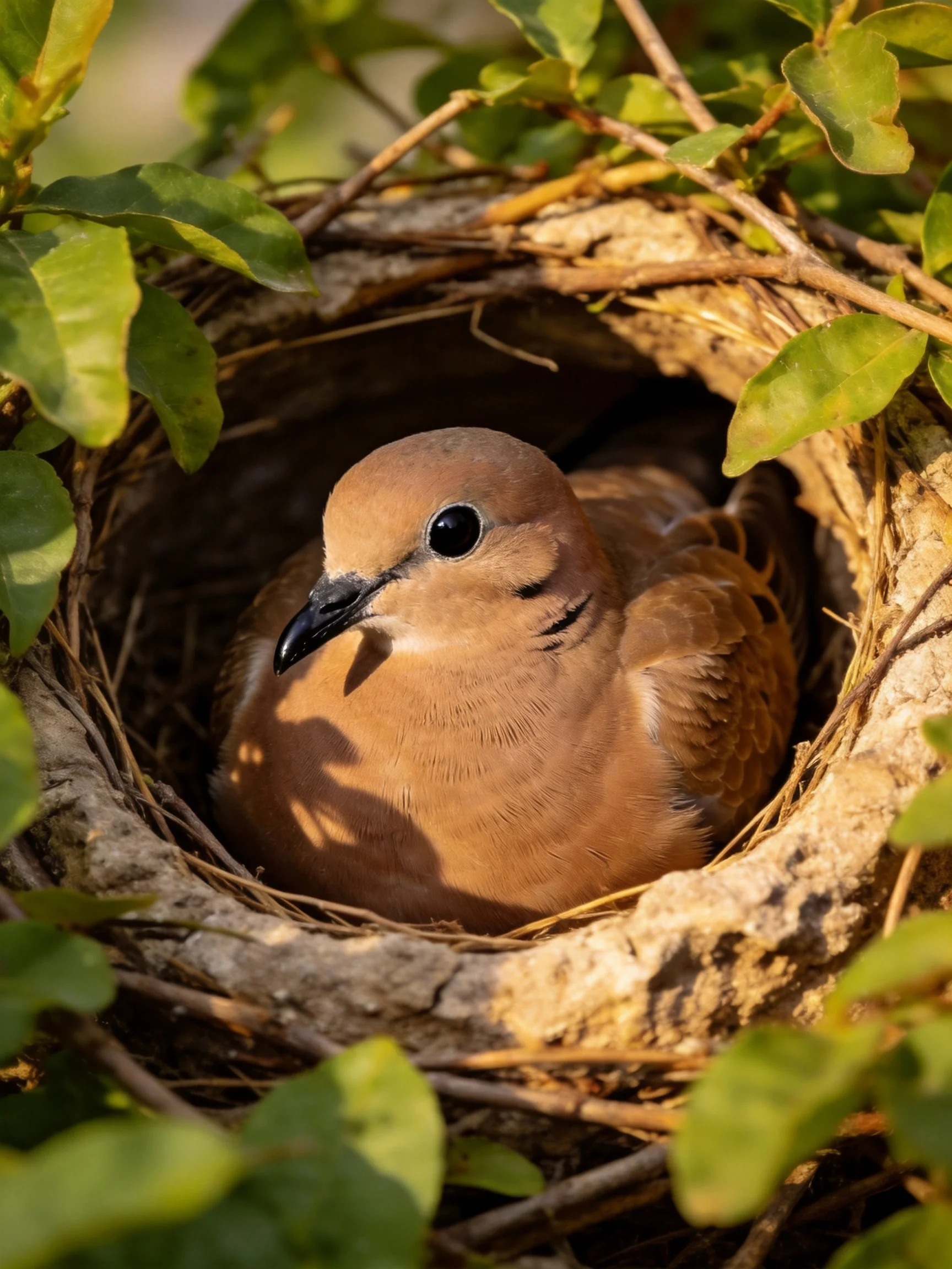 A brown dove resting in a leafy twig nest