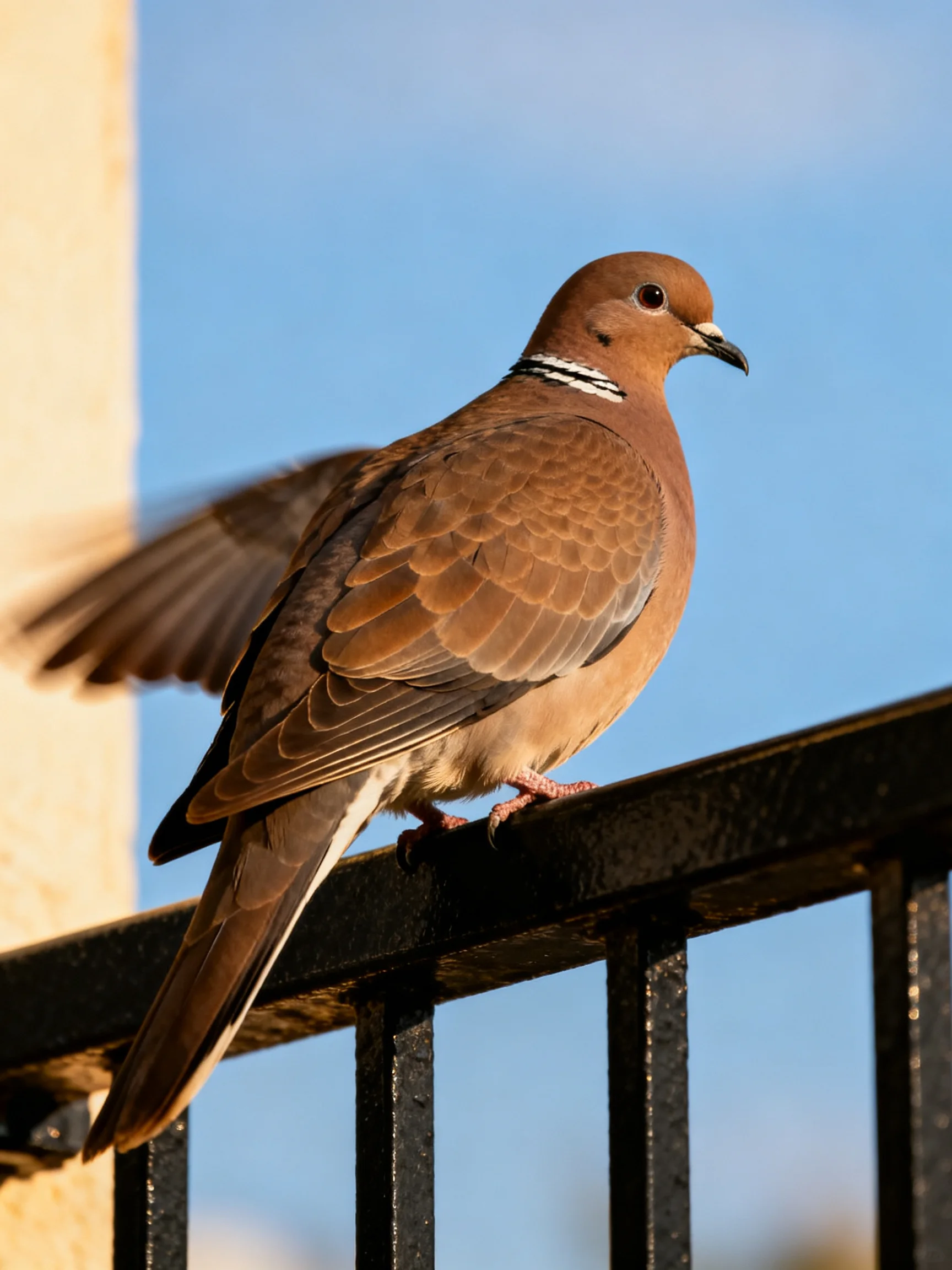A brown-feathered dove perched on a black metal railing under clear blue sky