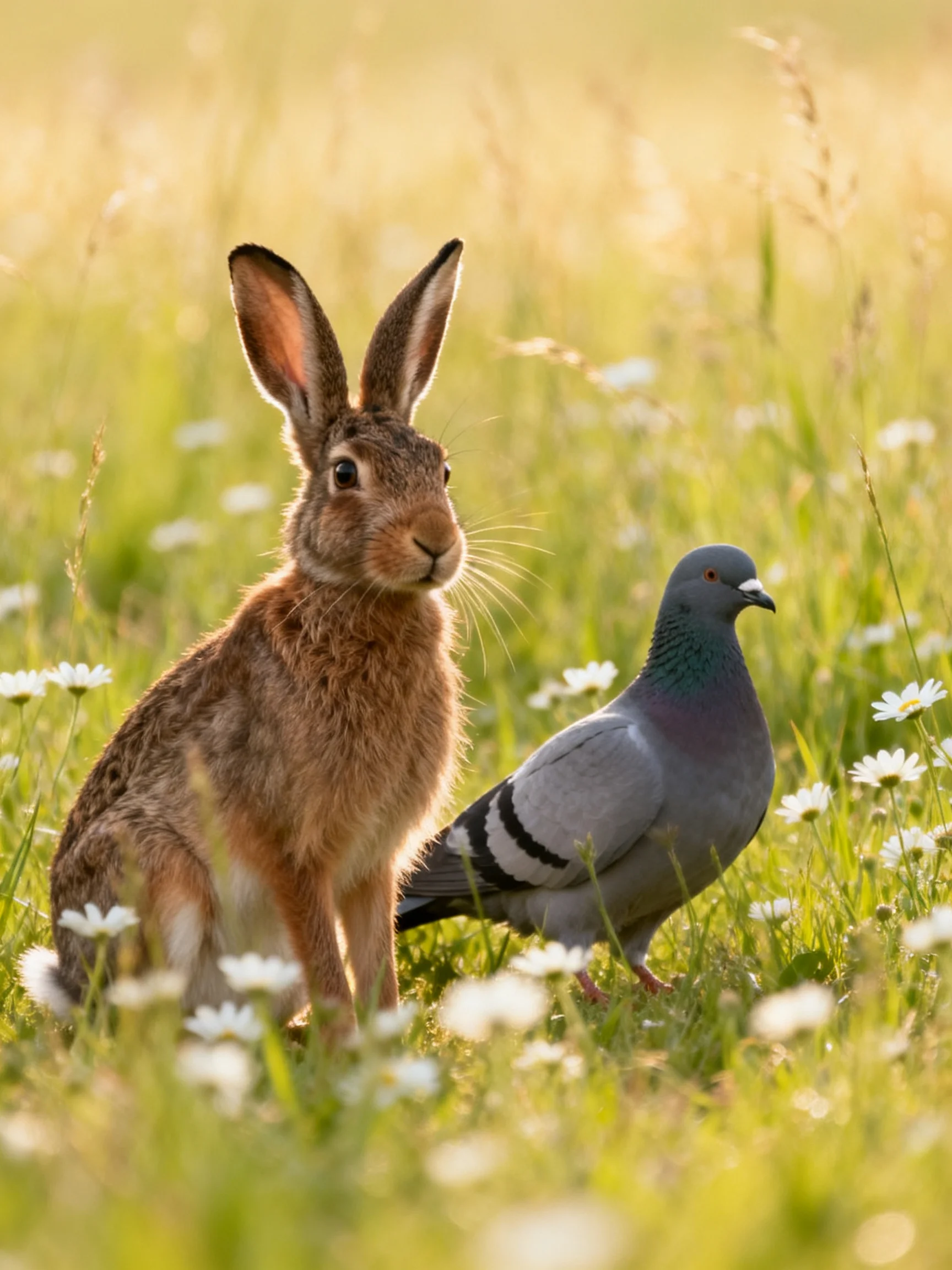 A brown hare and gray pigeon amidst white flowers in a sunlit meadow