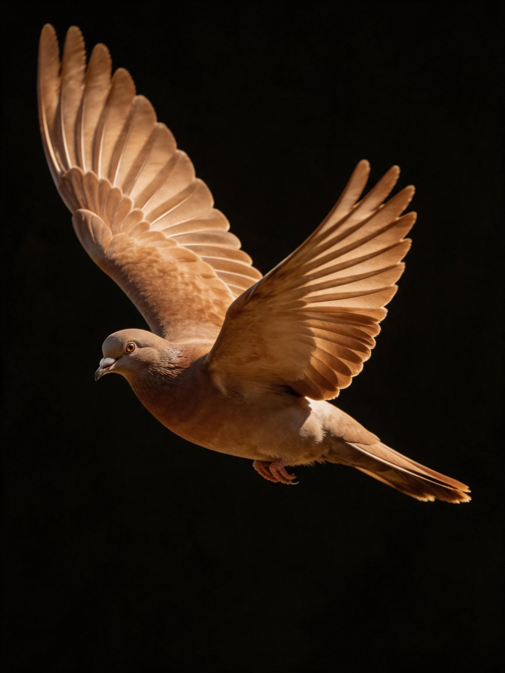 A brown pigeon flies with outstretched wings against a black background