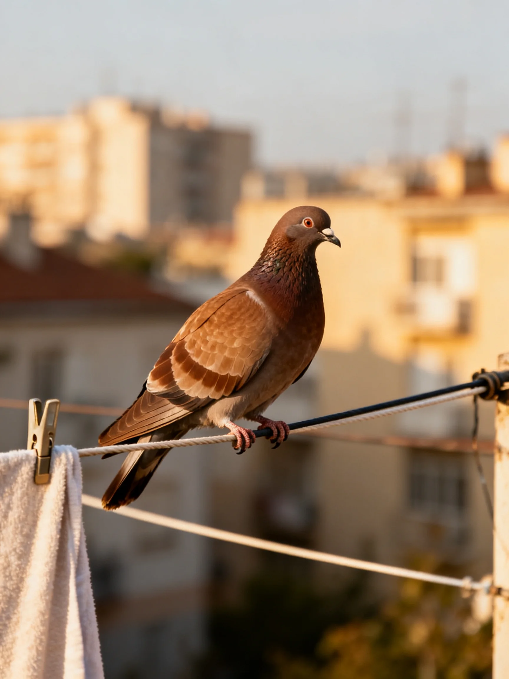 A brown pigeon rests on a clothesline with city buildings in the background.