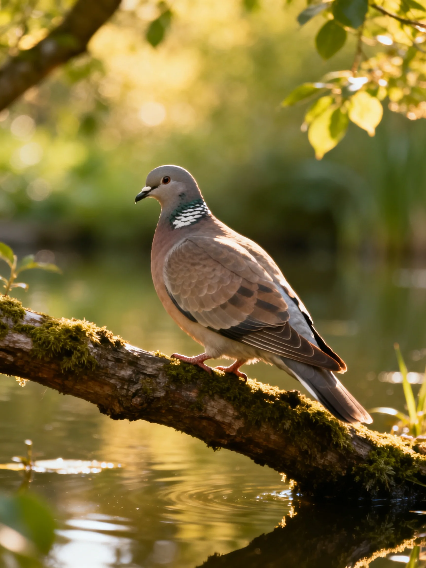 A brown pigeon perches on a mossy branch by calm water